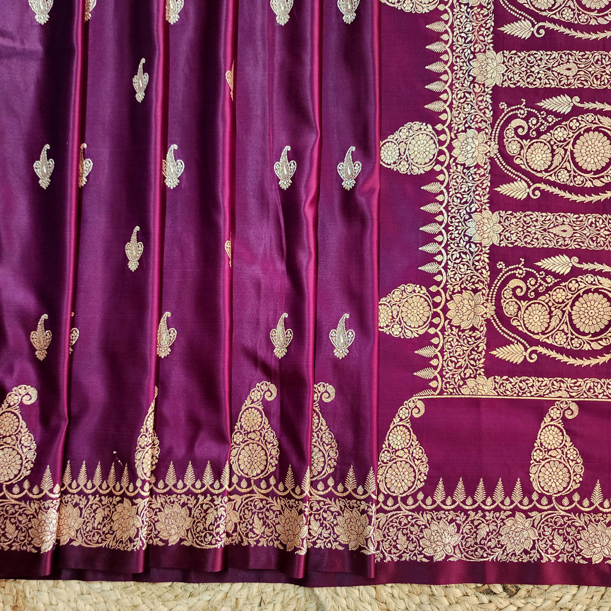 Wine Paisley Katan Silk Saree with Gold Zari
