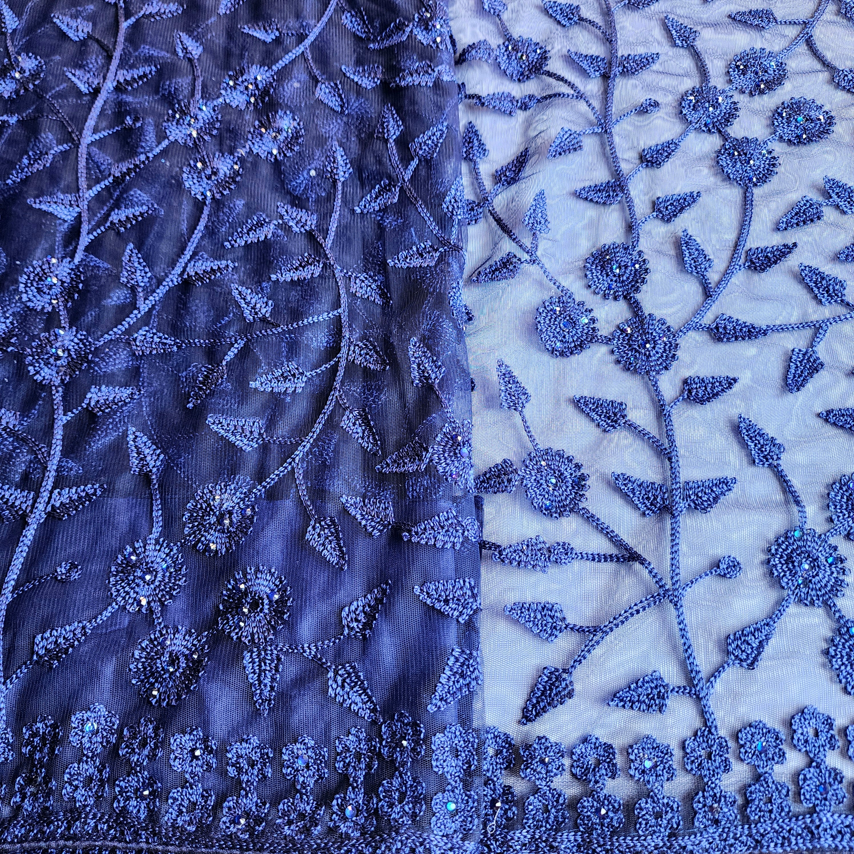 Embroidered Net Designer Saree in Dark Blue