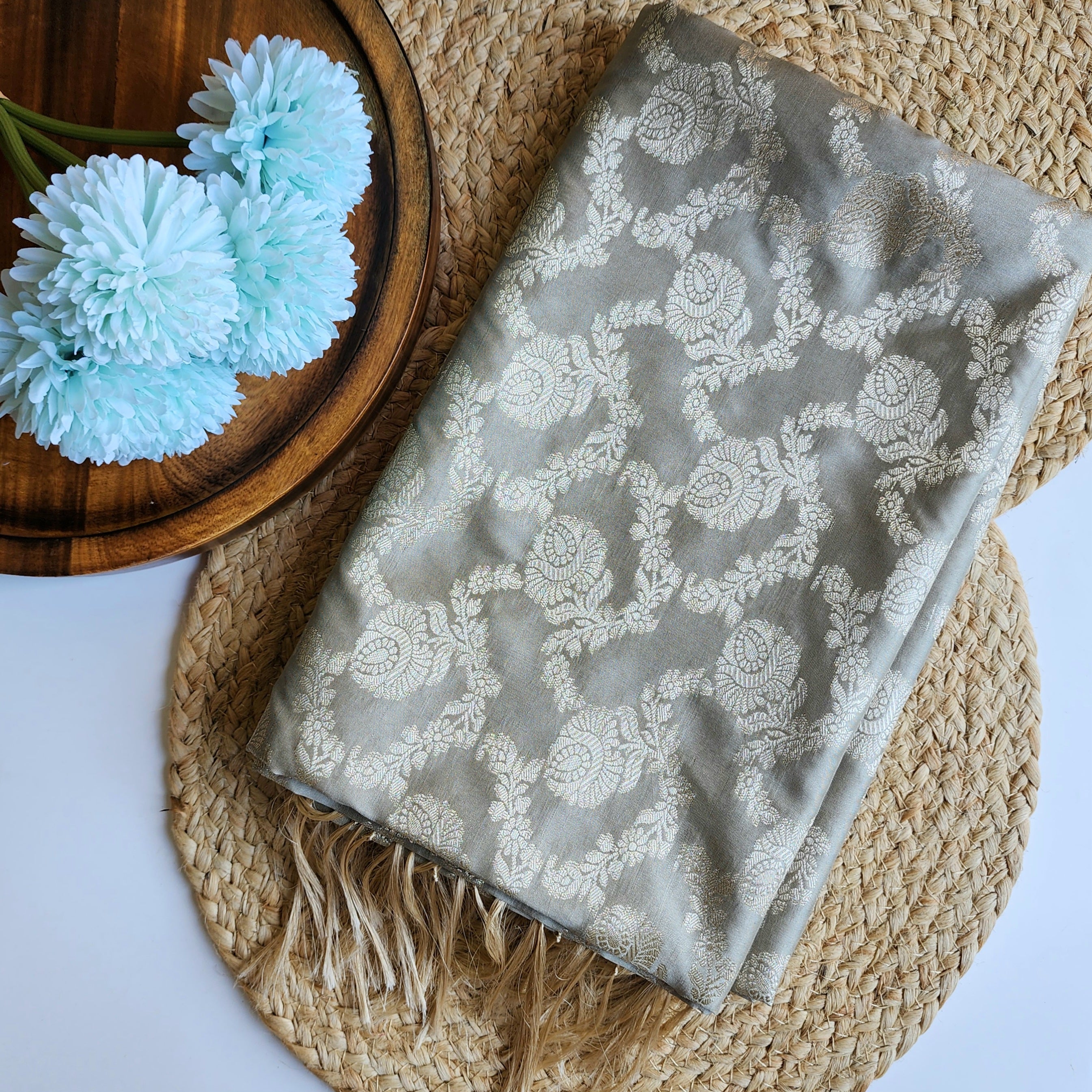 Platinum Grey Floral Jaal Dupatta with Mughal-Inspired Zari Border