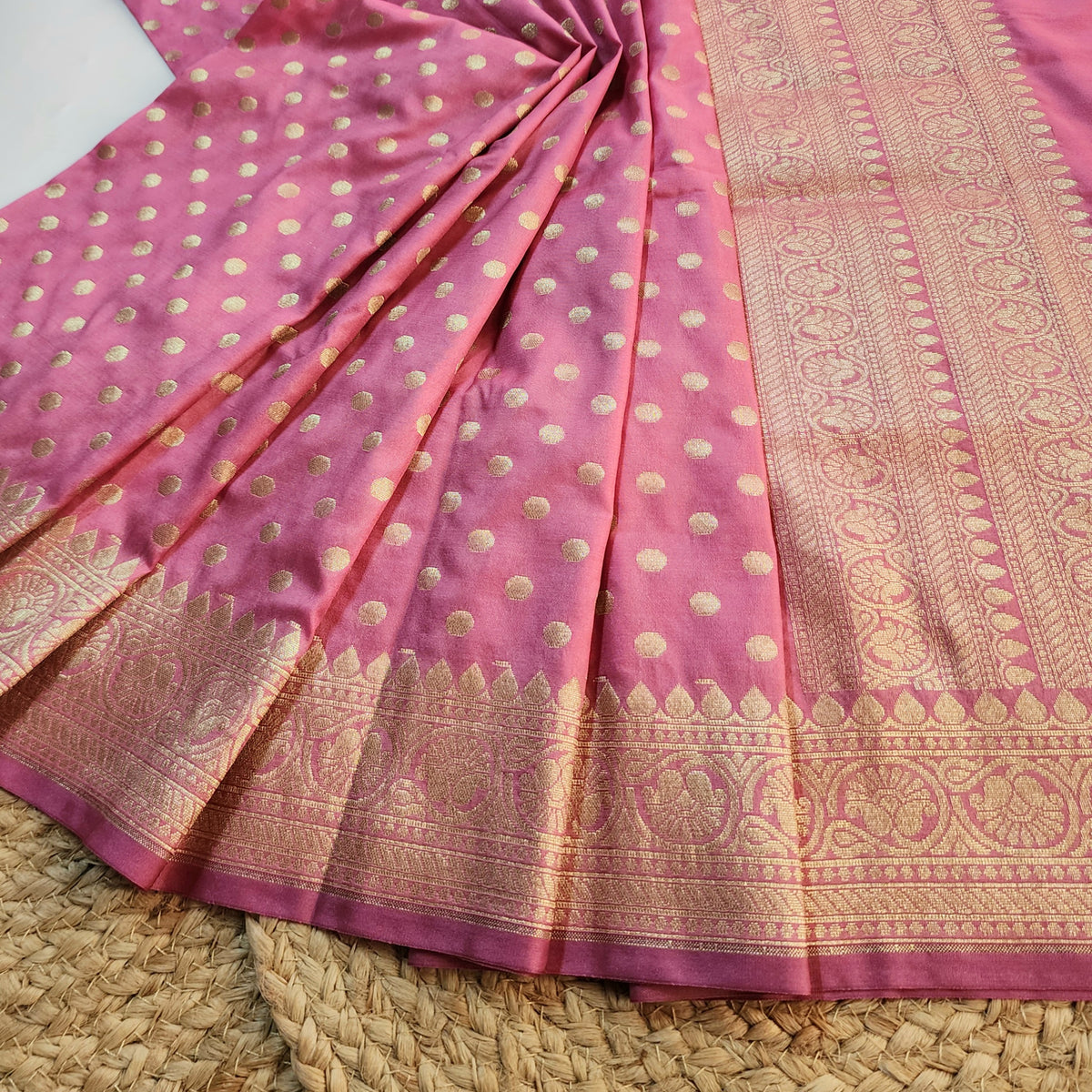 Dusty Rose Banarasi Silk Dupatta with Gold Polka Dot