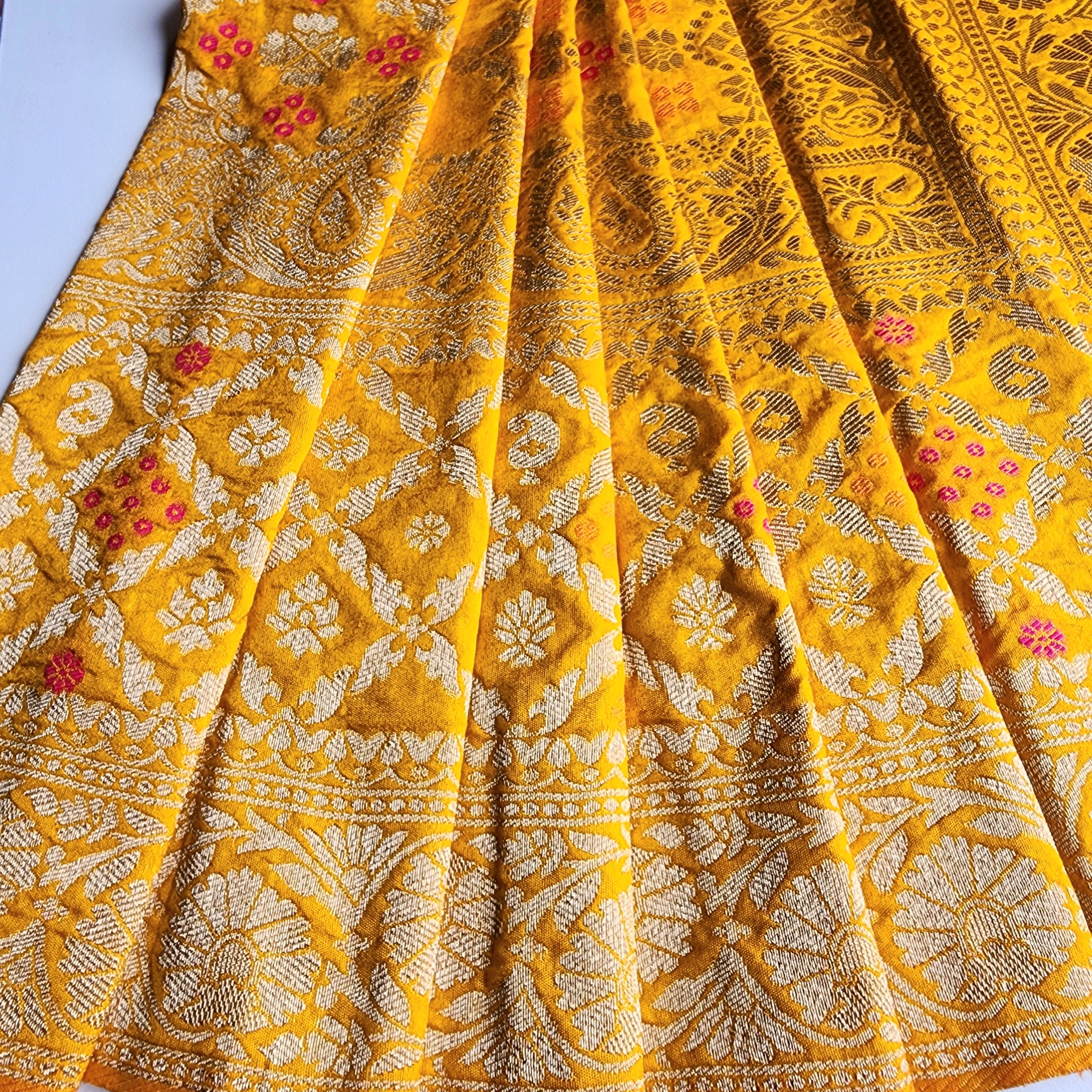 Mustard Gold Bandhani Dupatta with Floral and Geometric Zari Weave