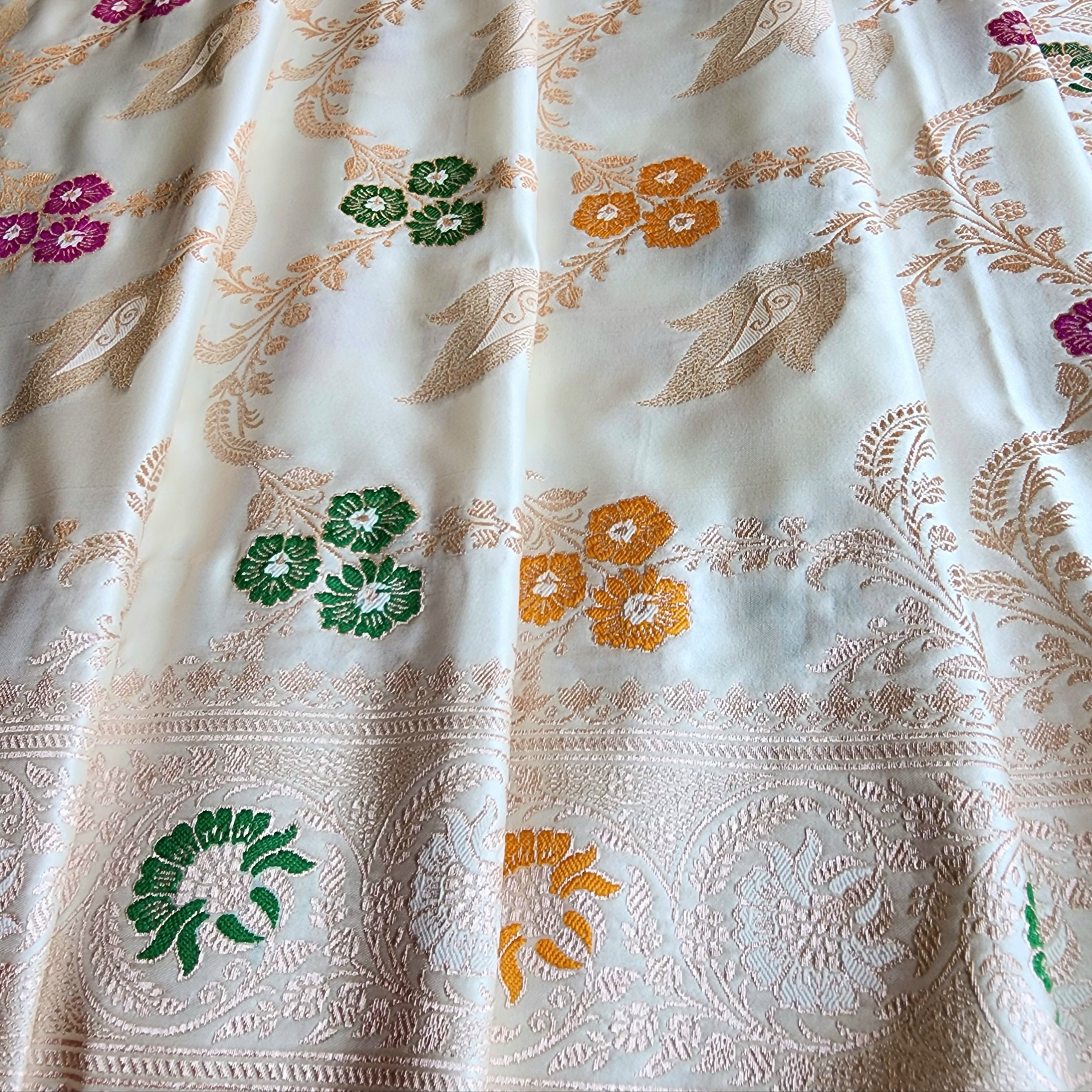 Enriched White Banarasi Katan Silk Saree with Multicolor Meenakari Floral Jaal