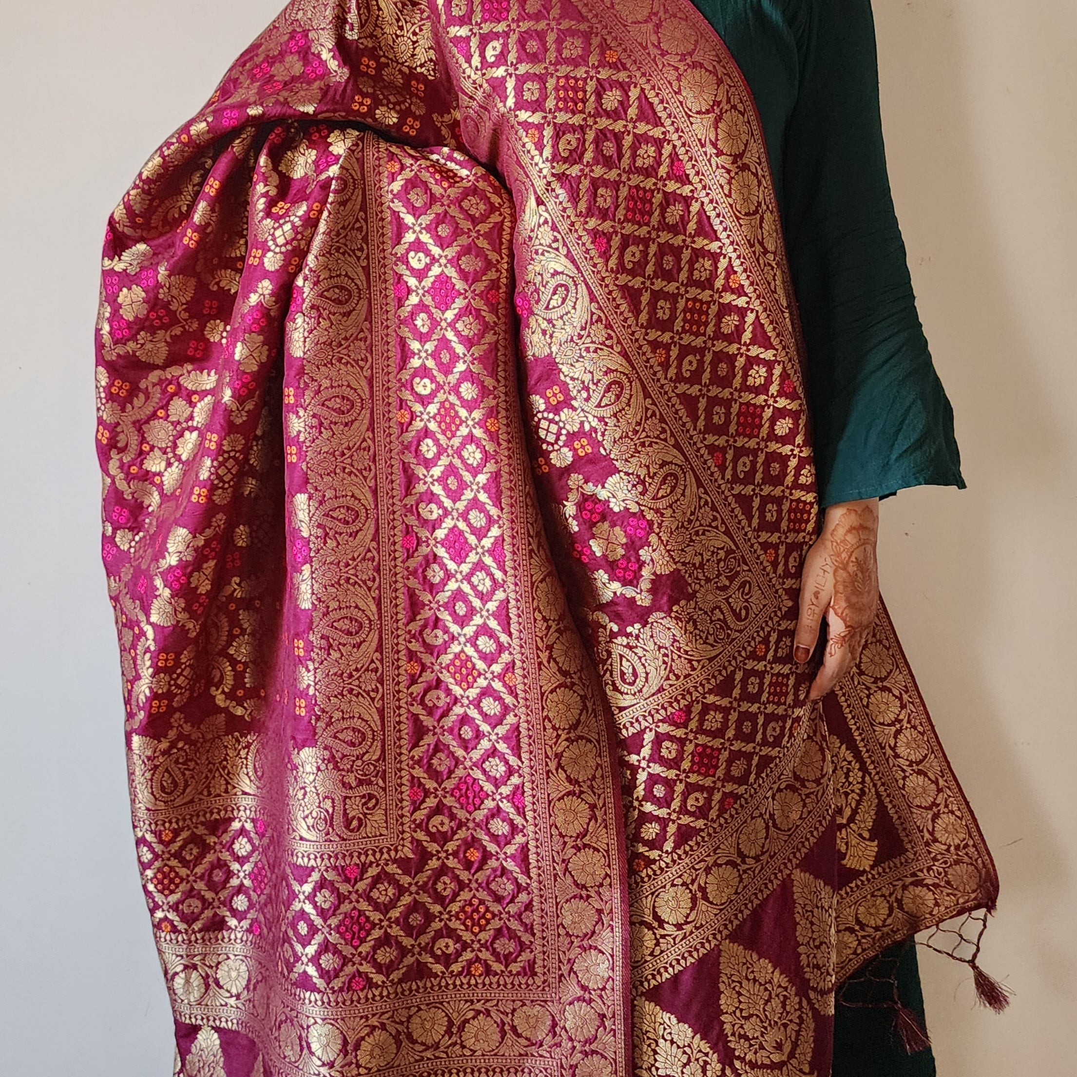 Deep Plum Bandhani Dupatta with Floral and Geometric Zari Weave