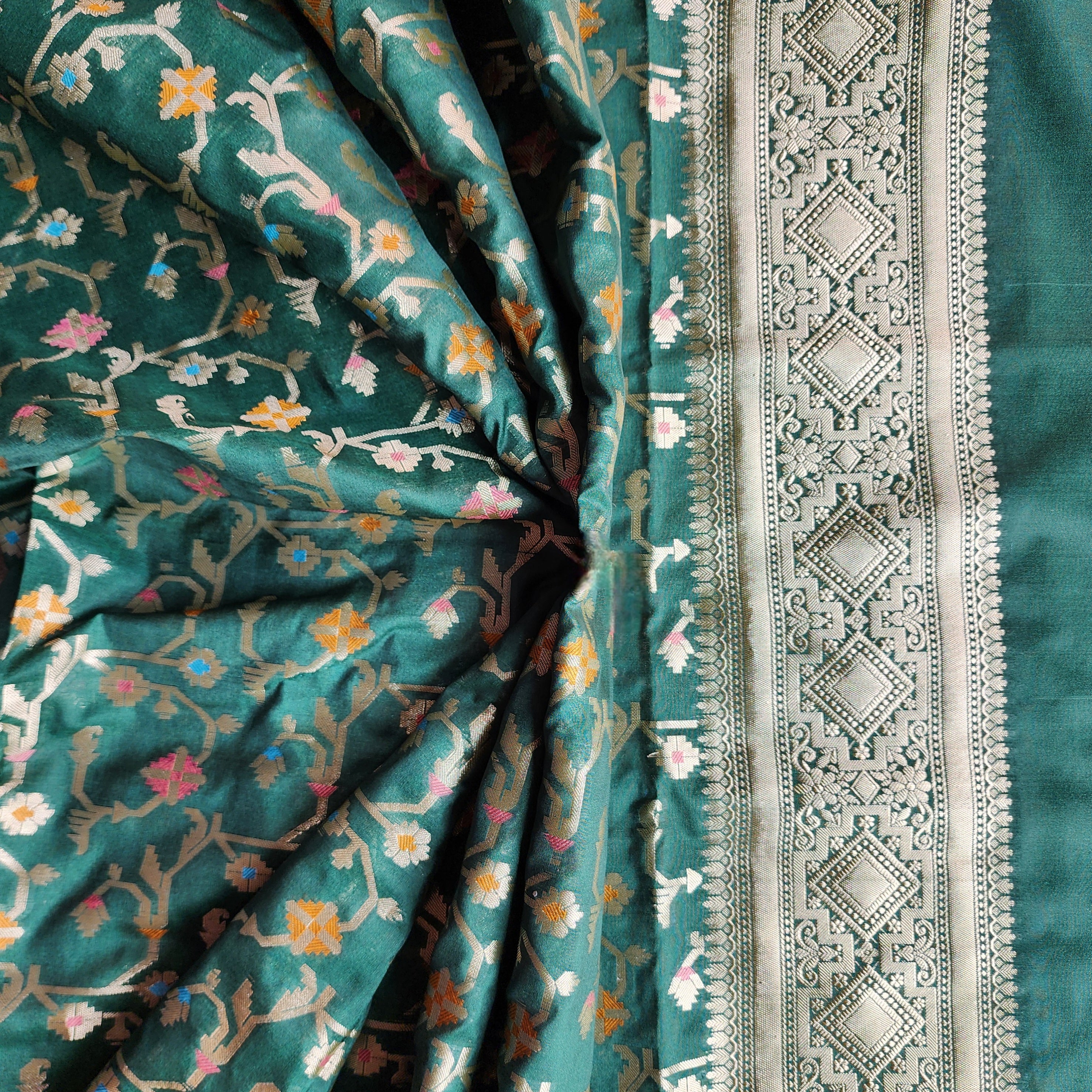 Golden Grid Banarasi Silk Dupatta with Meenakari Work in Dark Bottle Green