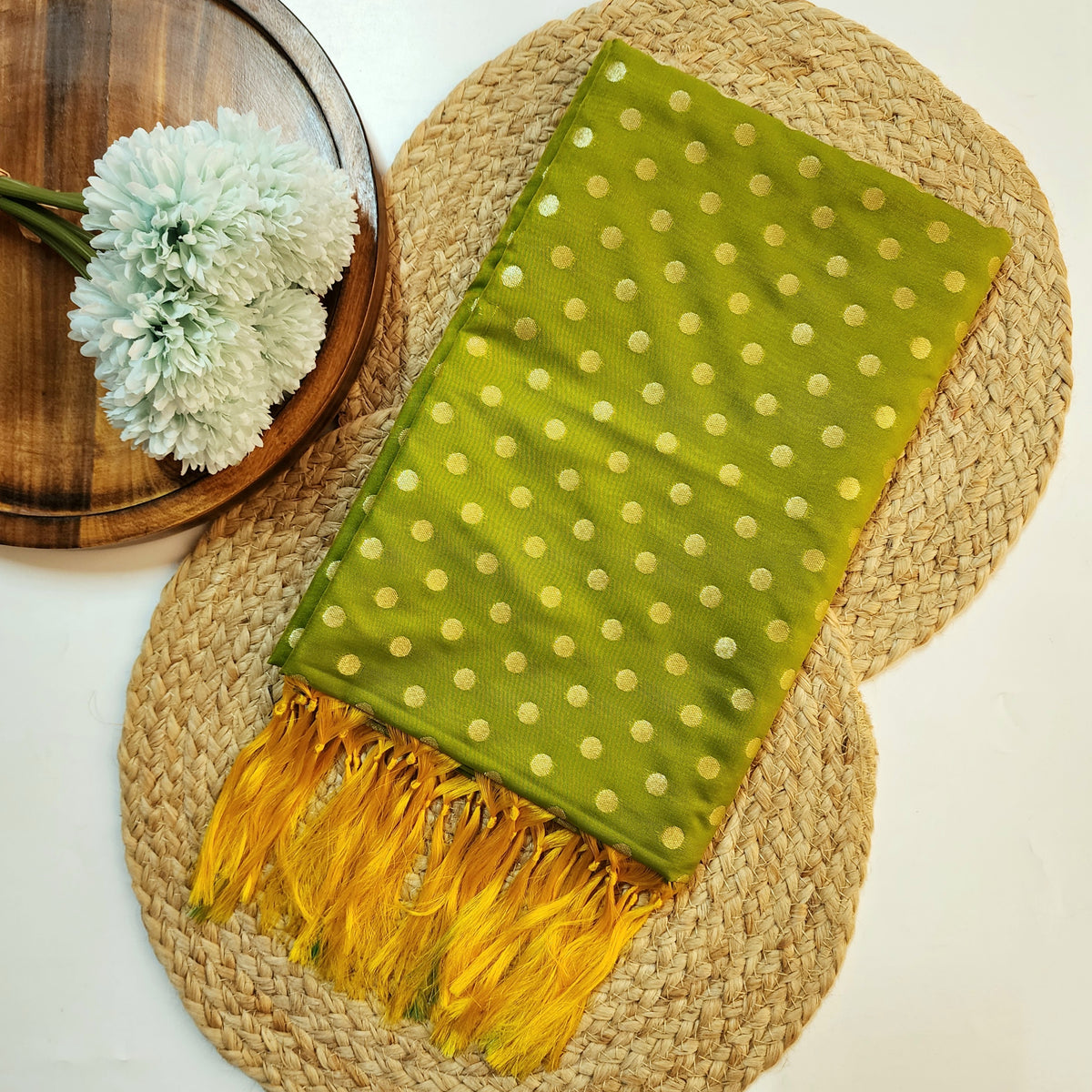 Olive Green Banarasi Silk Dupatta with Gold Polka Dot