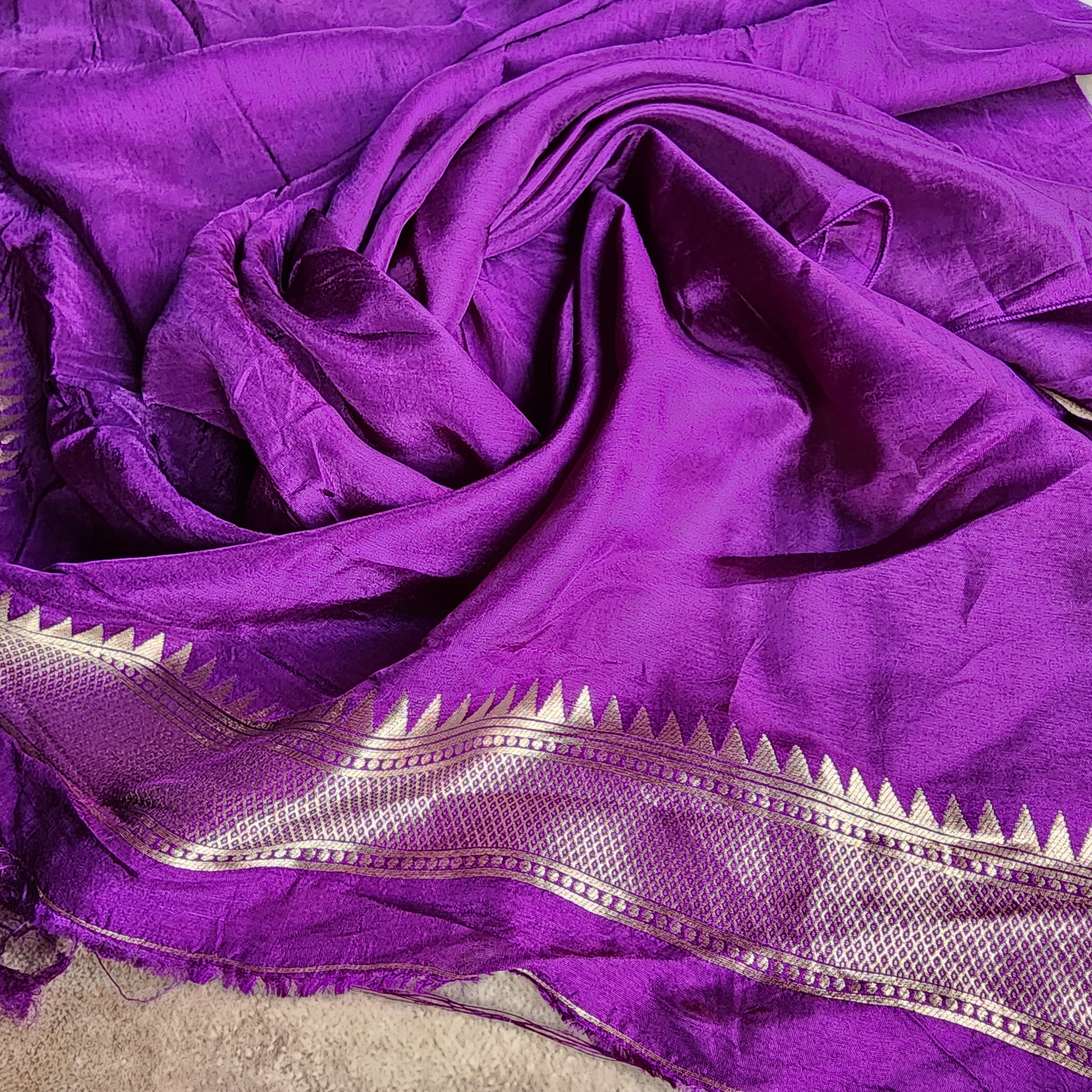 Soft Ivory Raw Silk Saree With Pastel Floral Weaving and Lilac Purple Border