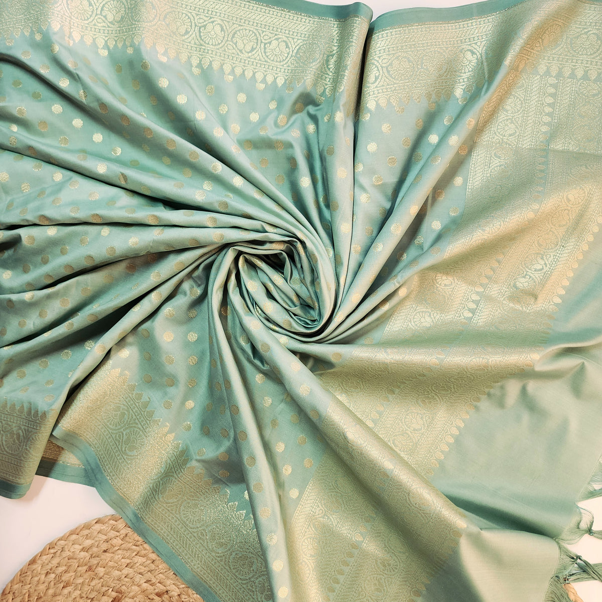 Aqua Blue Banarasi Silk Dupatta with Gold Polka Dot