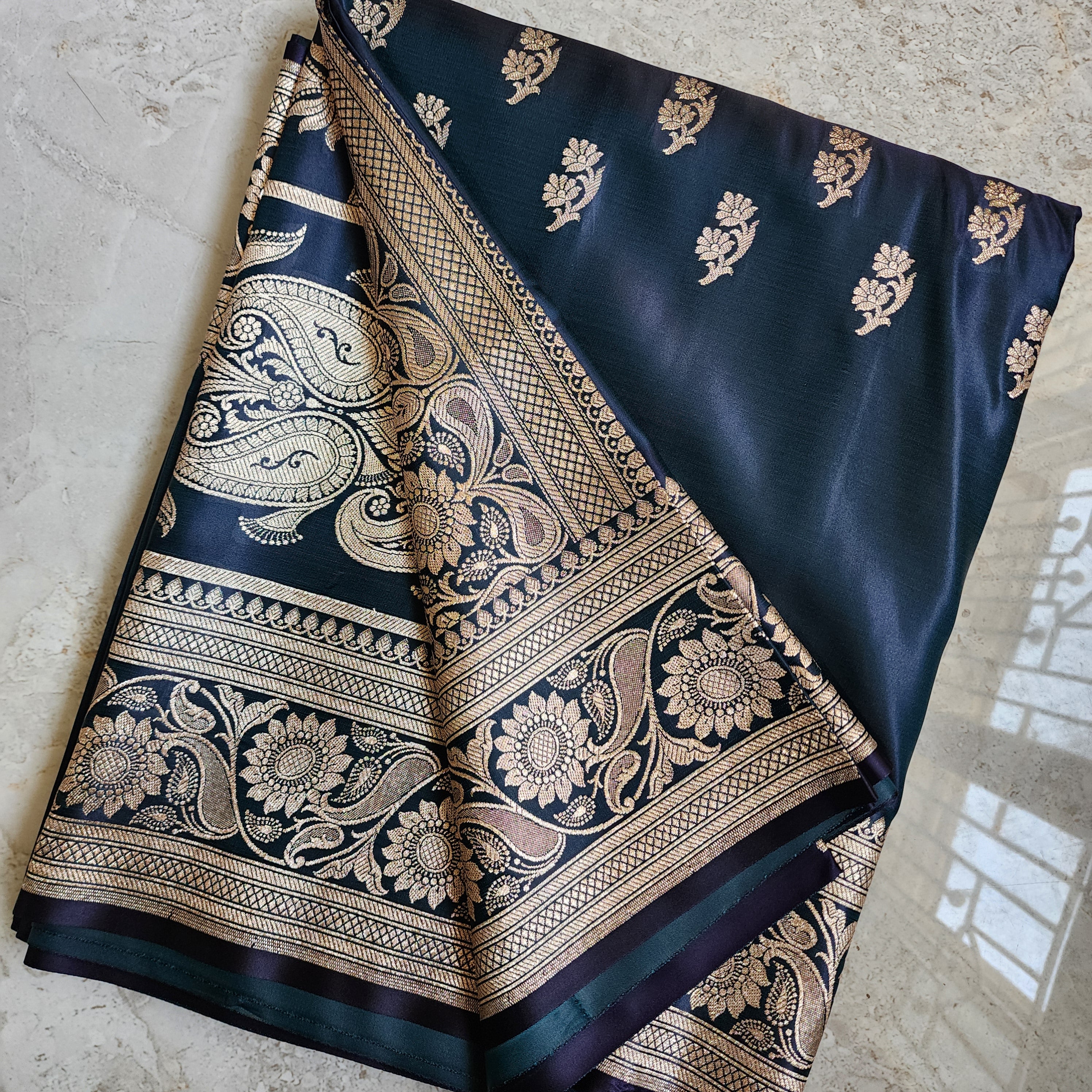 Teal Blue Pure Banarasi Katan Silk Saree with light Gold Zari Weaving