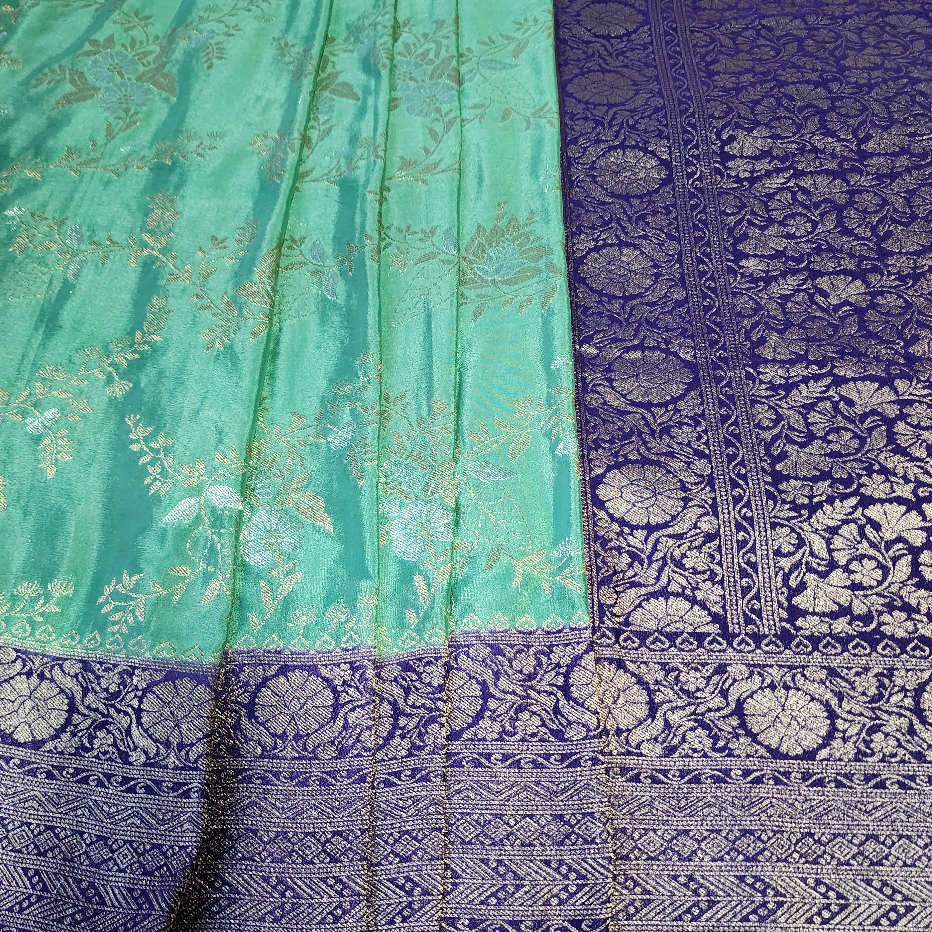 Mint Green Crepe Chiffon Saree with Violet Border