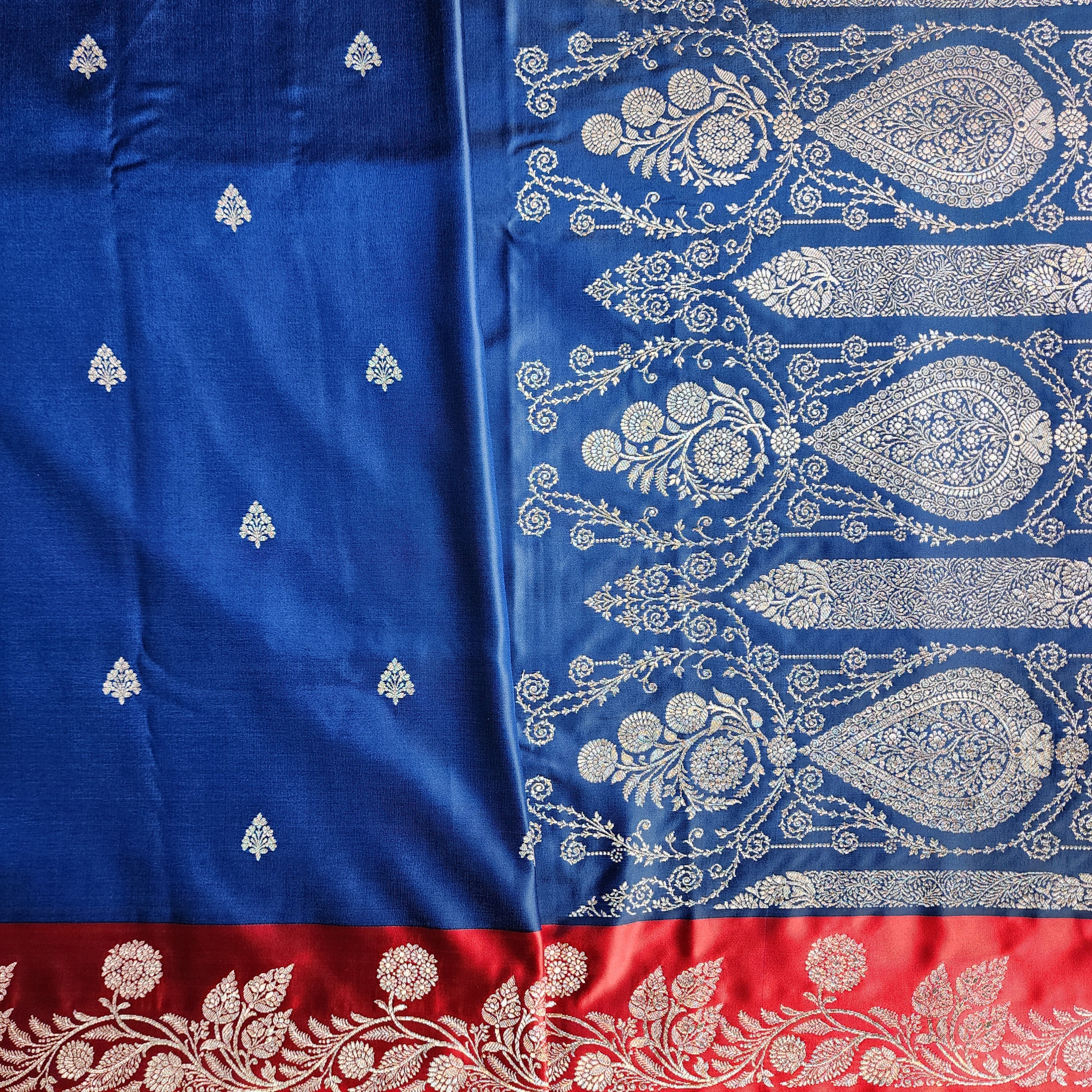 Navy Blue Pure Banarasi Katan Silk Saree with Vermilion Red Border