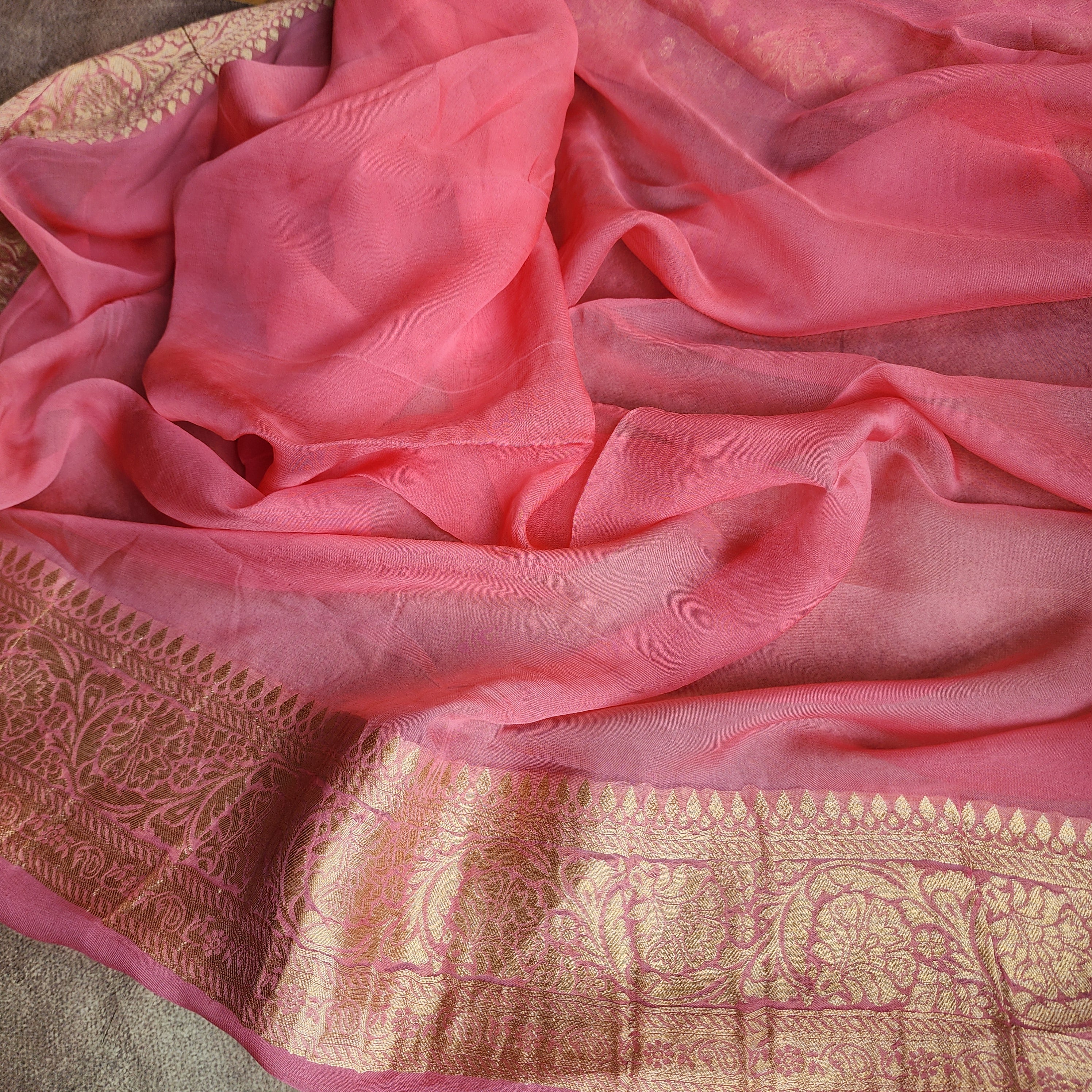 Flamingo Pink Pure Khaddi Georgette Banarasi Saree with Golden Zari