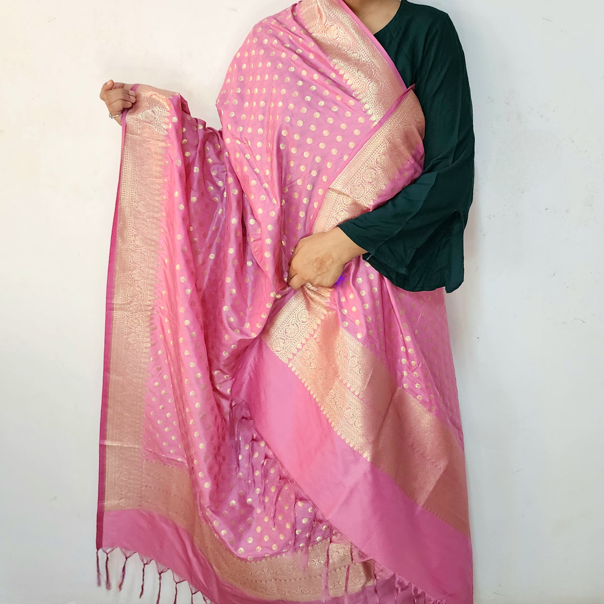 Dusty Rose Banarasi Silk Dupatta with Gold Polka Dot