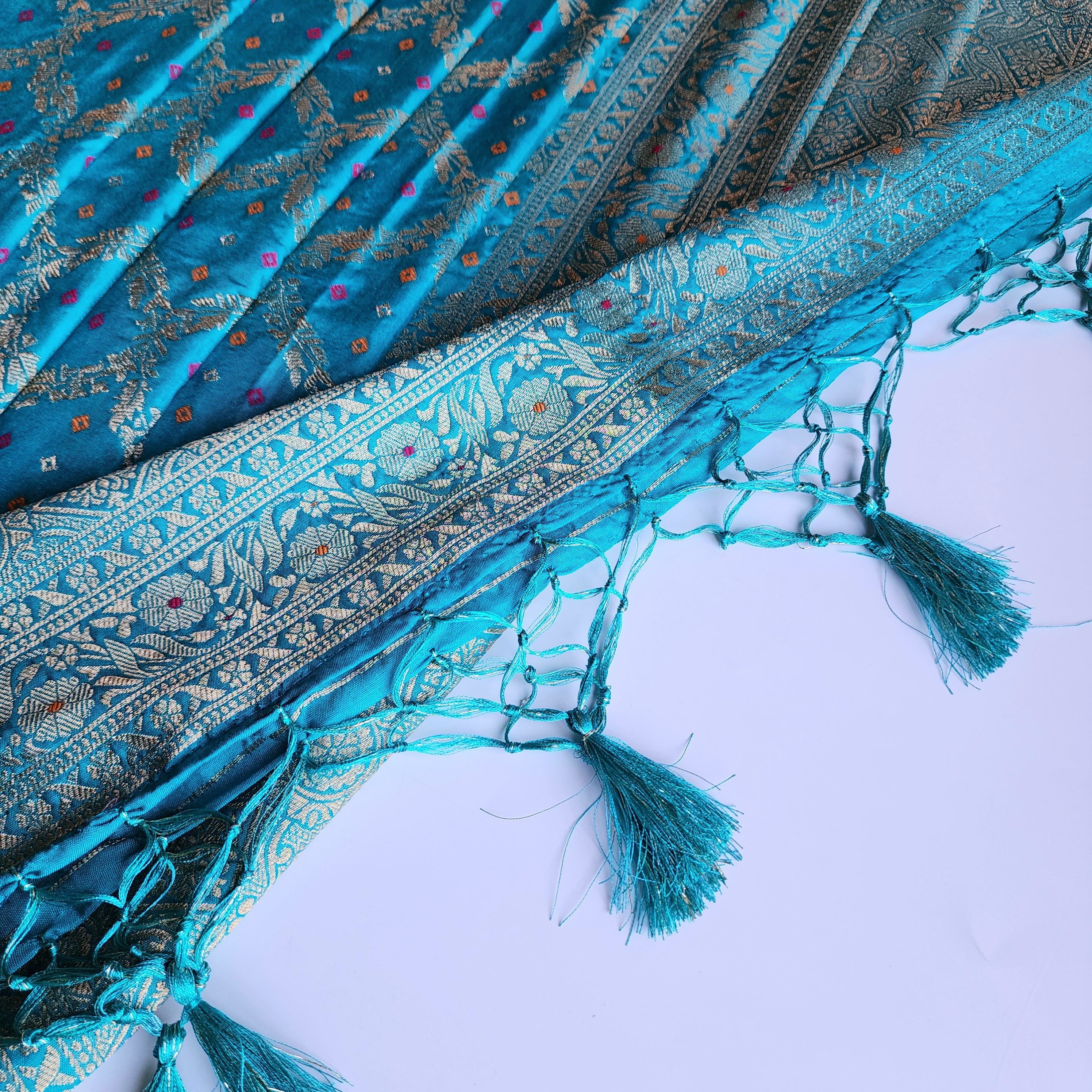 Peacock Blue Bandhani Dupatta with Traditional Jaal