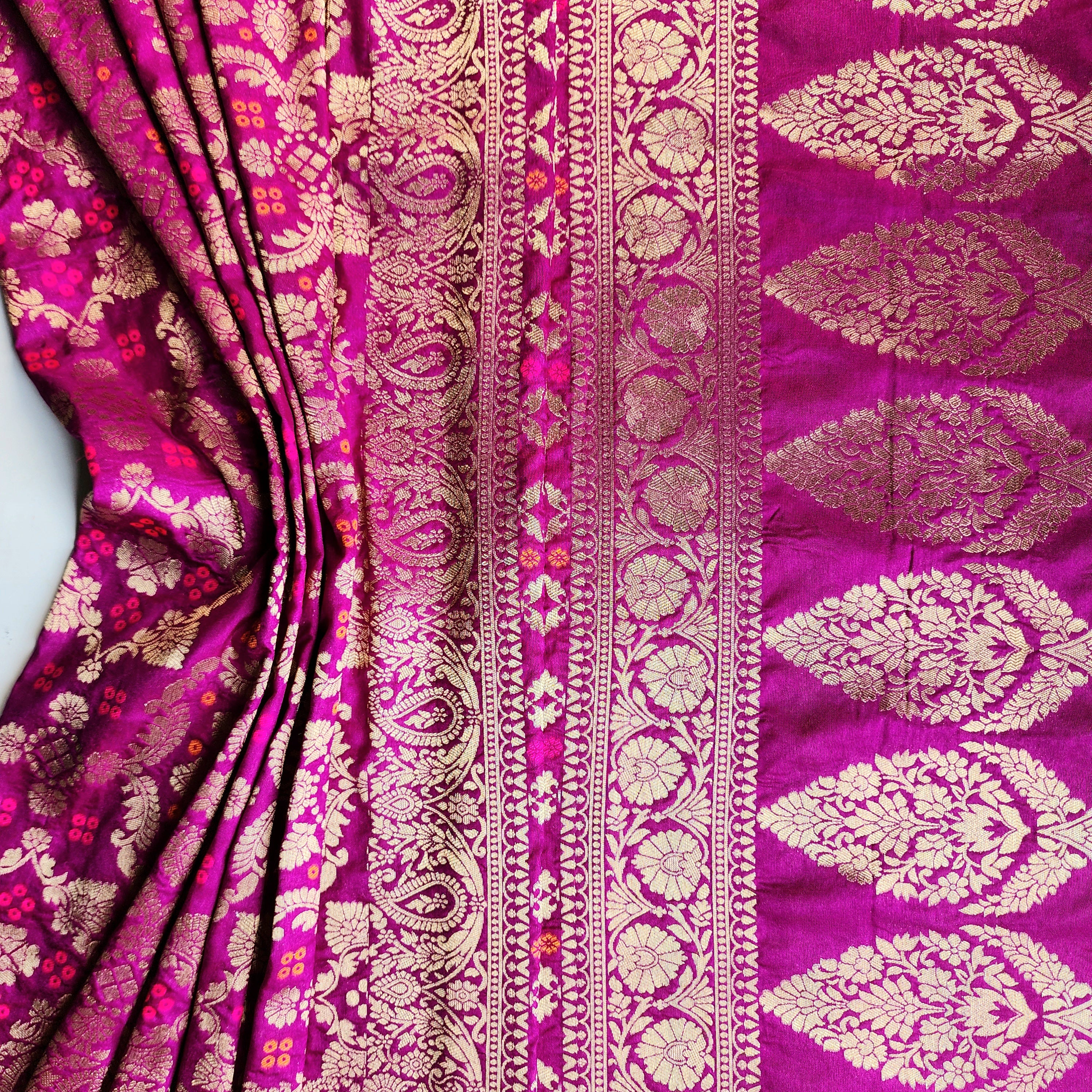 Berry Purple Bandhani Dupatta with Floral and Geometric Zari Weave