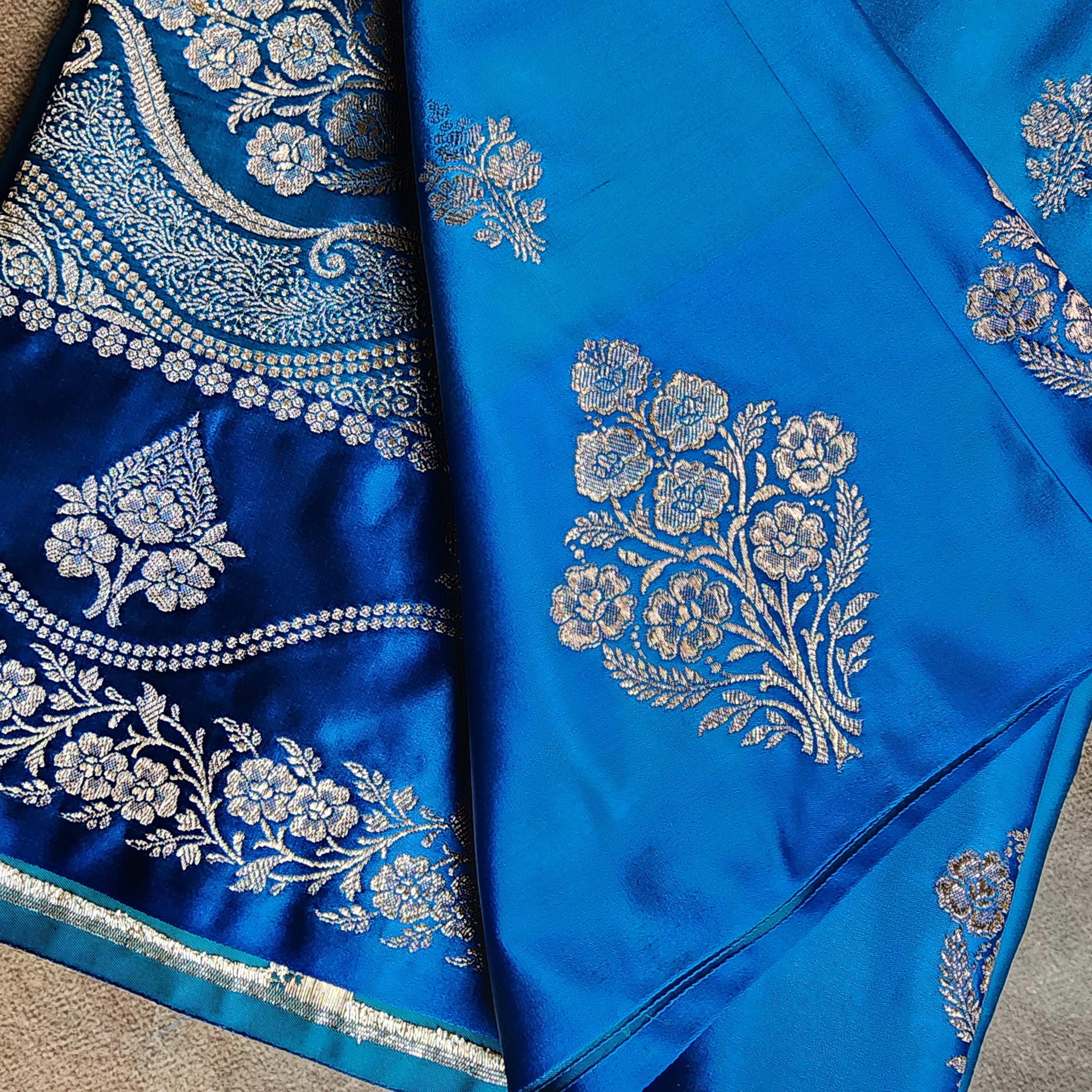 Dual-Tone Shiny Blue Pure Banarasi Katan Silk Saree