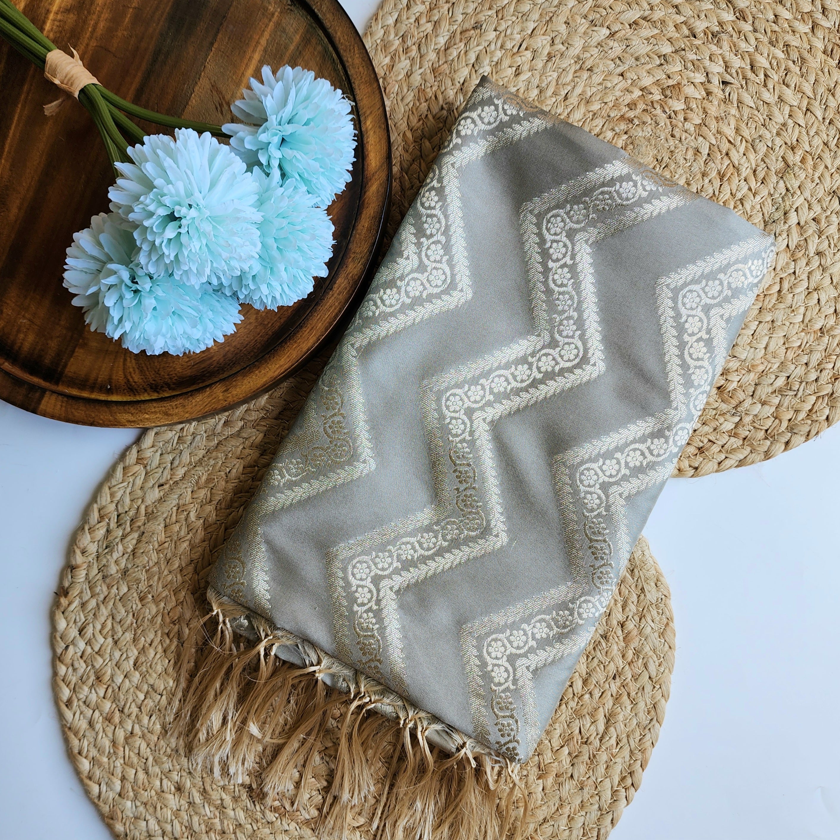 Dove Grey Banarasi Dupatta with Golden Zigzag Pattern