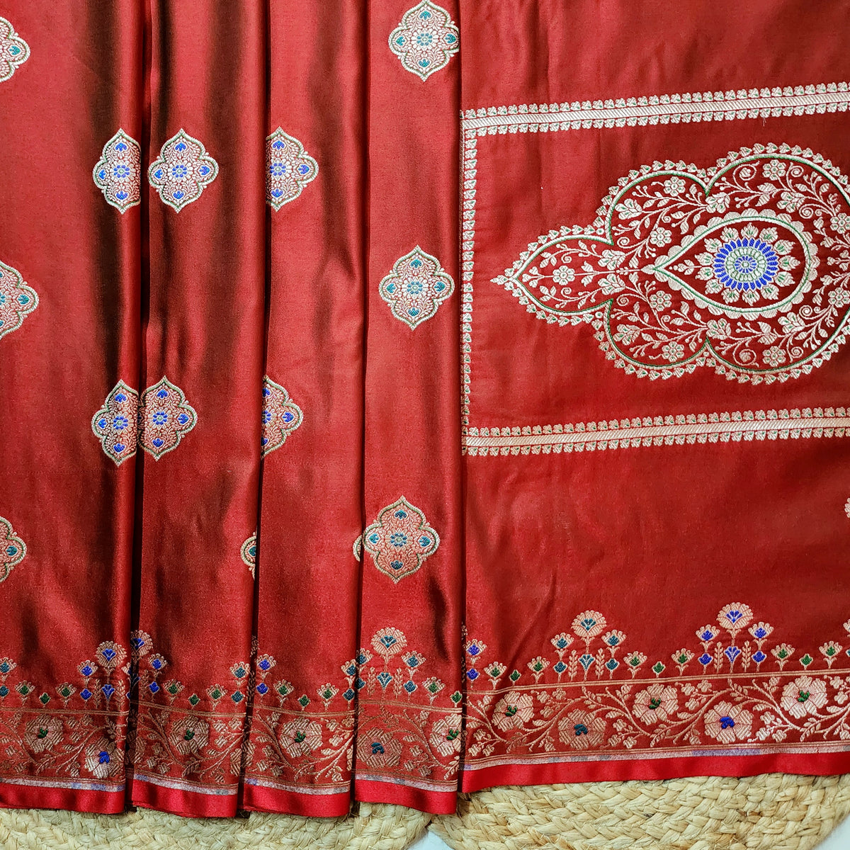 Red Banarasi Katan Silk Saree with Multicolor Meenakari Floral Jaal