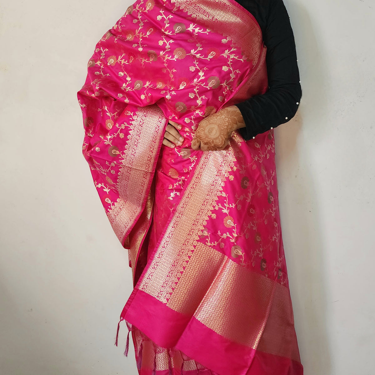 Banarasi Silk Floral Jaal Dupatta - Deep Fuchsia