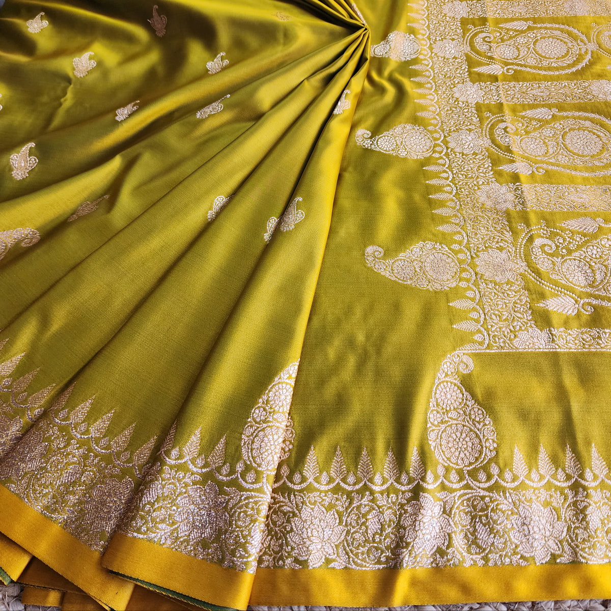 Lime Green Paisley Katan Silk Saree with Gold Zari