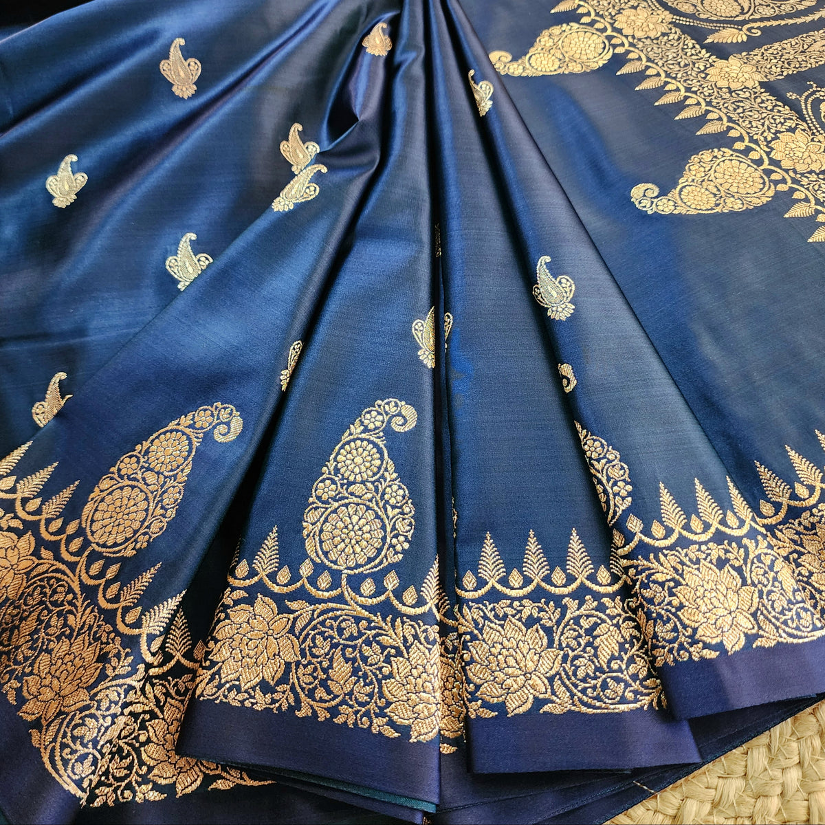Midnight Blue Paisley Katan Silk Saree with Gold Zari