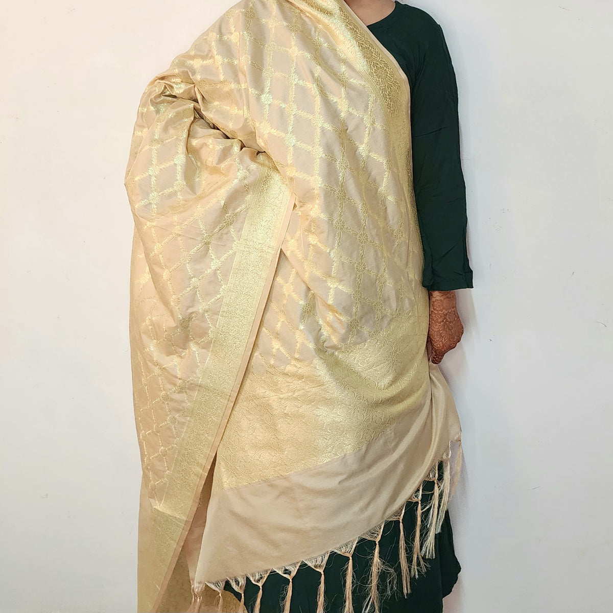 Banarasi Tapetta Silk - Champagne Zari Jaal Dupatta