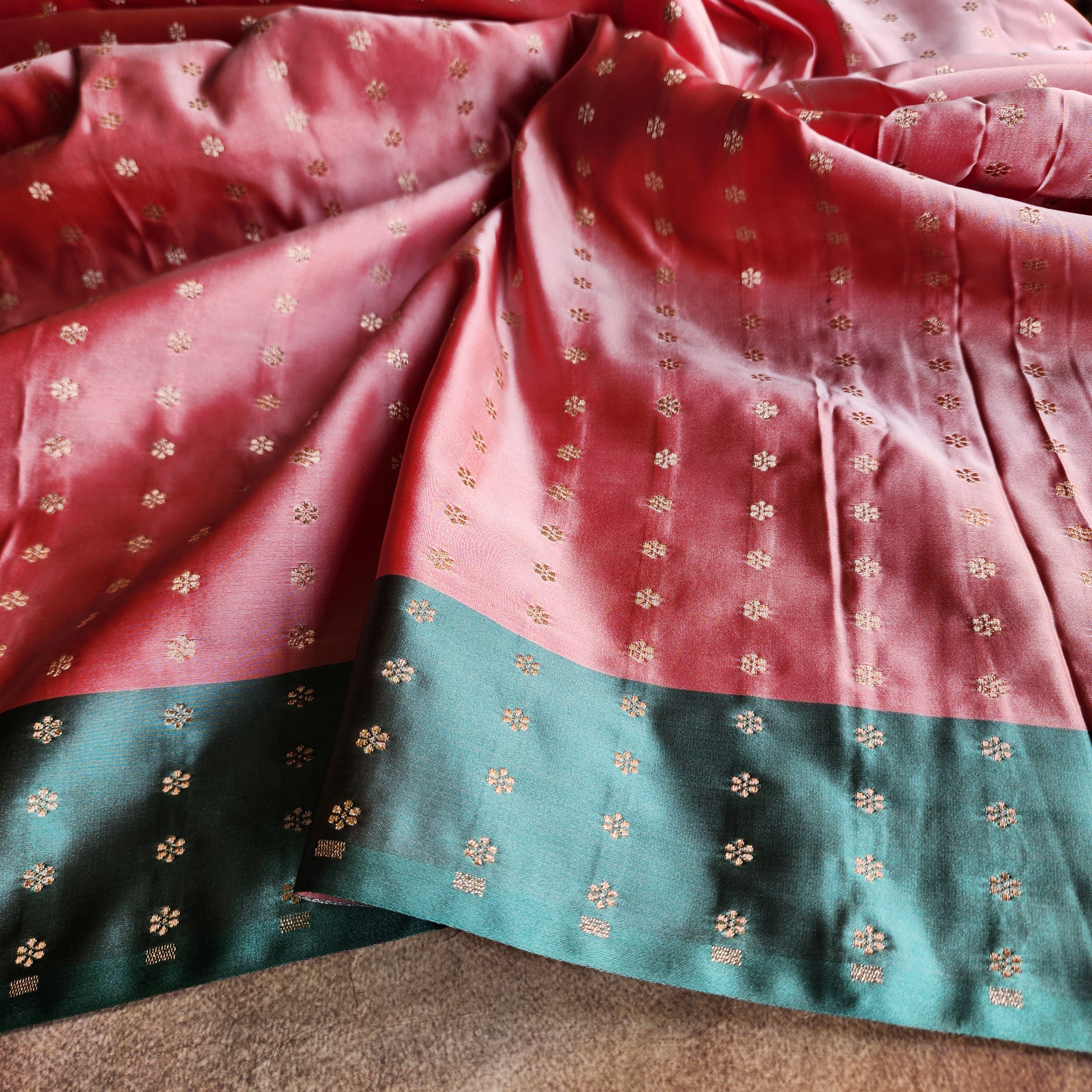 Rose Pink Katan Silk Saree with Teal Blue Gold Zari Border