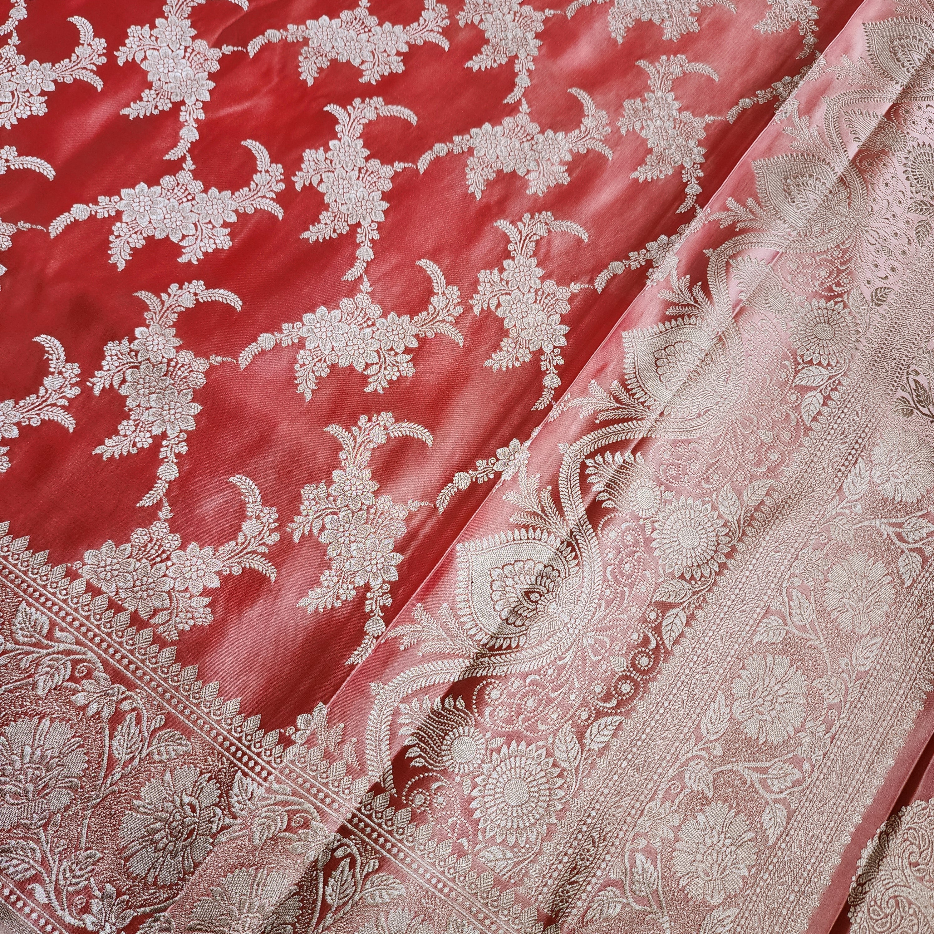 Blush Coral Banarasi Katan Silk Saree with Floral Vine Jaal