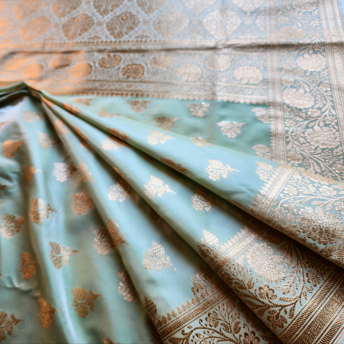 Rich Mint Green Banarasi Silk Saree with Gold Zari Weaving