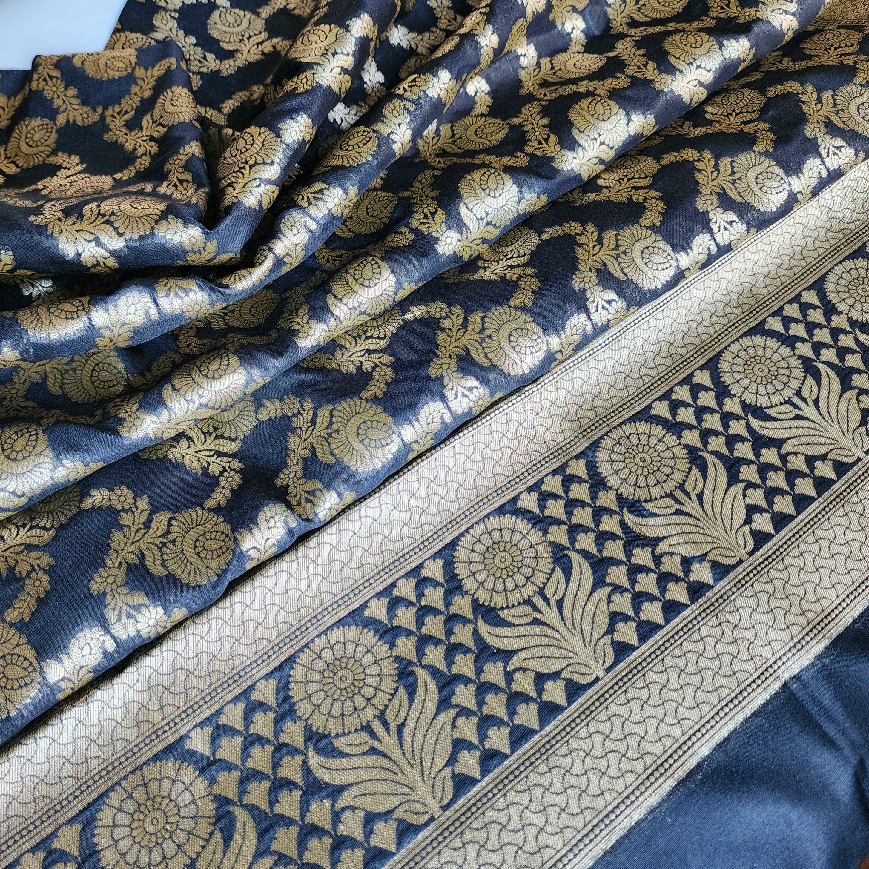 Black Floral Jaal Dupatta with Mughal-Inspired Zari Border