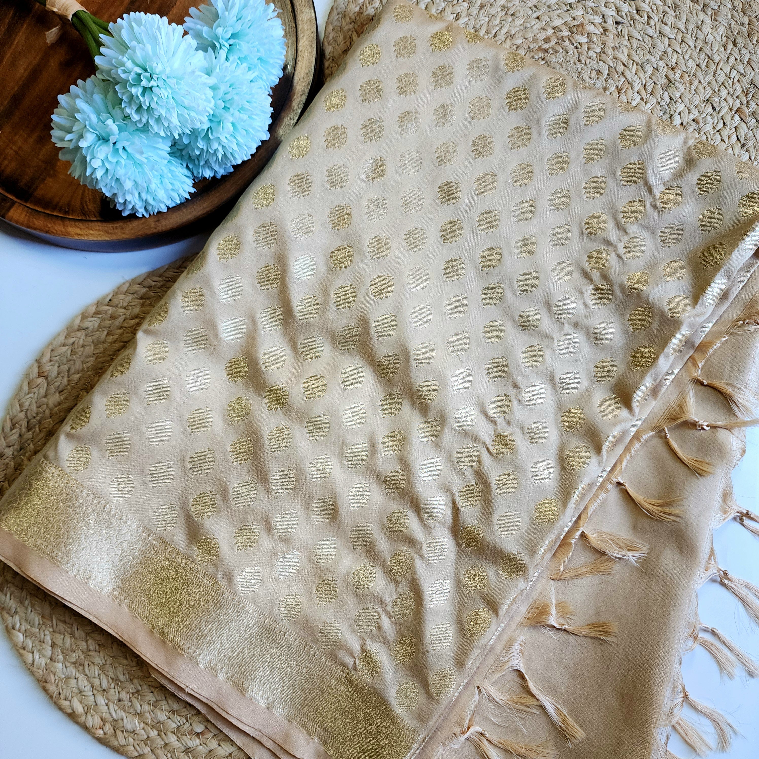 Champagne Beige Banarasi Tapetta Silk Dupatta with Gold Floral Zari Weave
