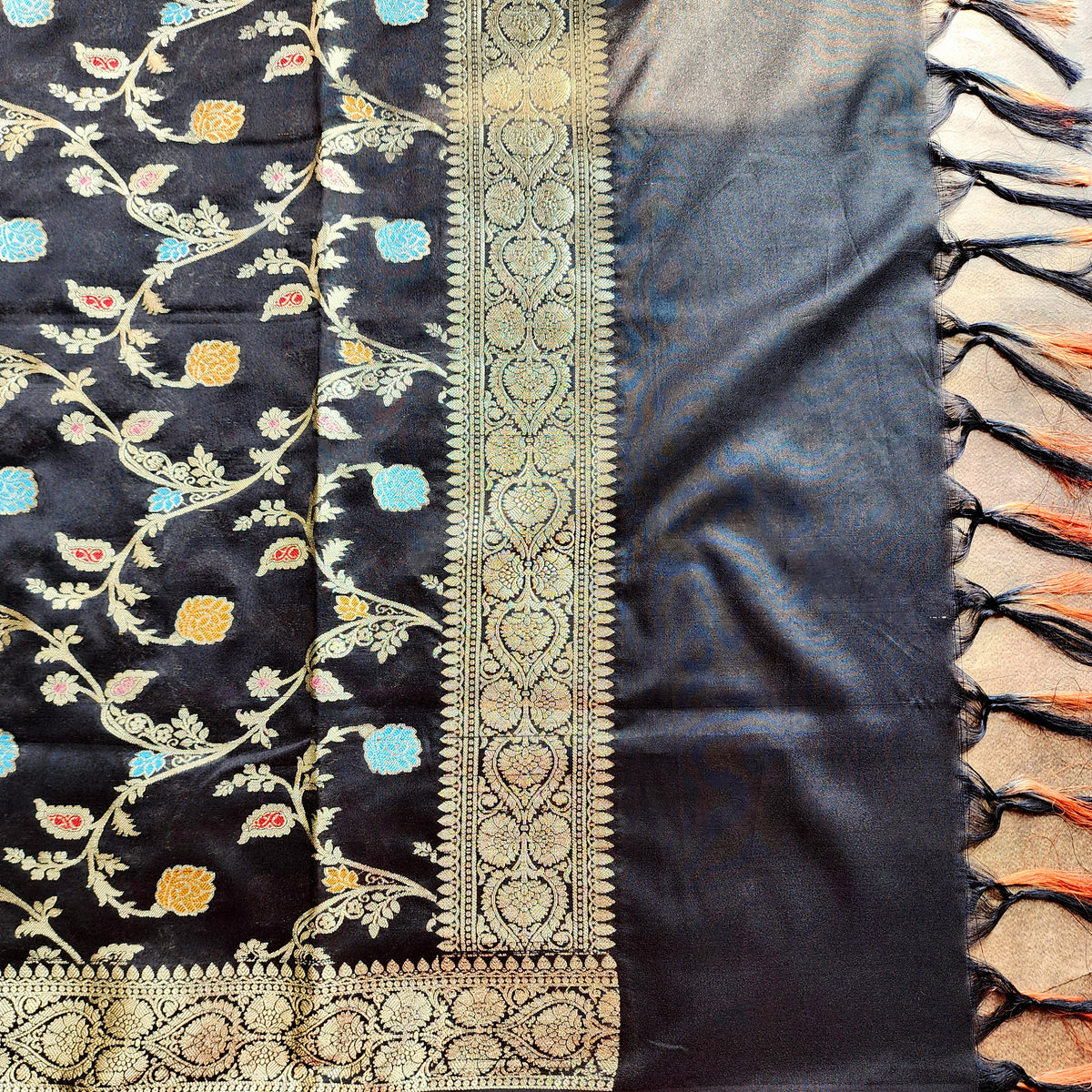 Black Banarasi Silk Dupatta with Gold Zari Border & Multicolor Meenakari Work