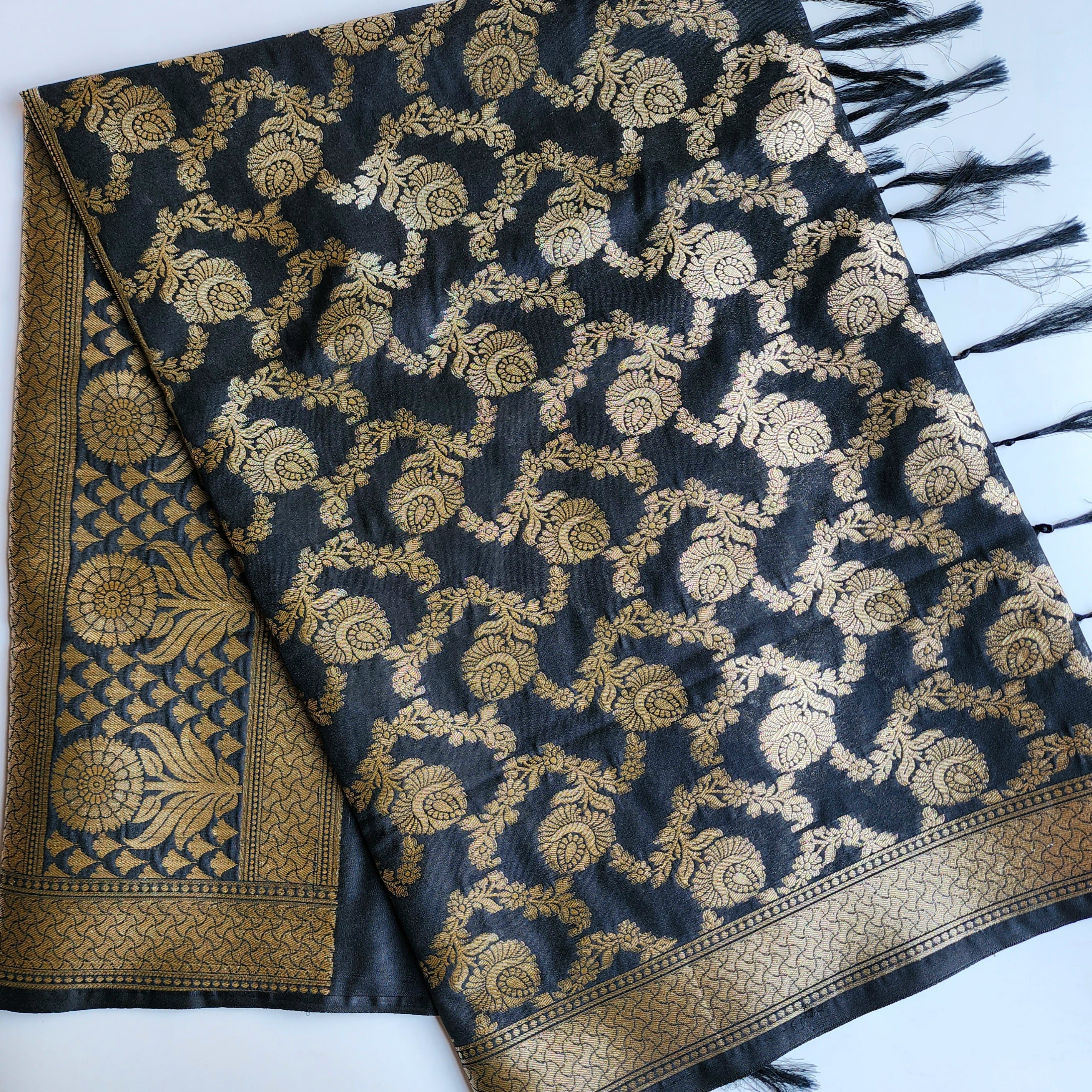 Black Floral Jaal Dupatta with Mughal-Inspired Zari Border