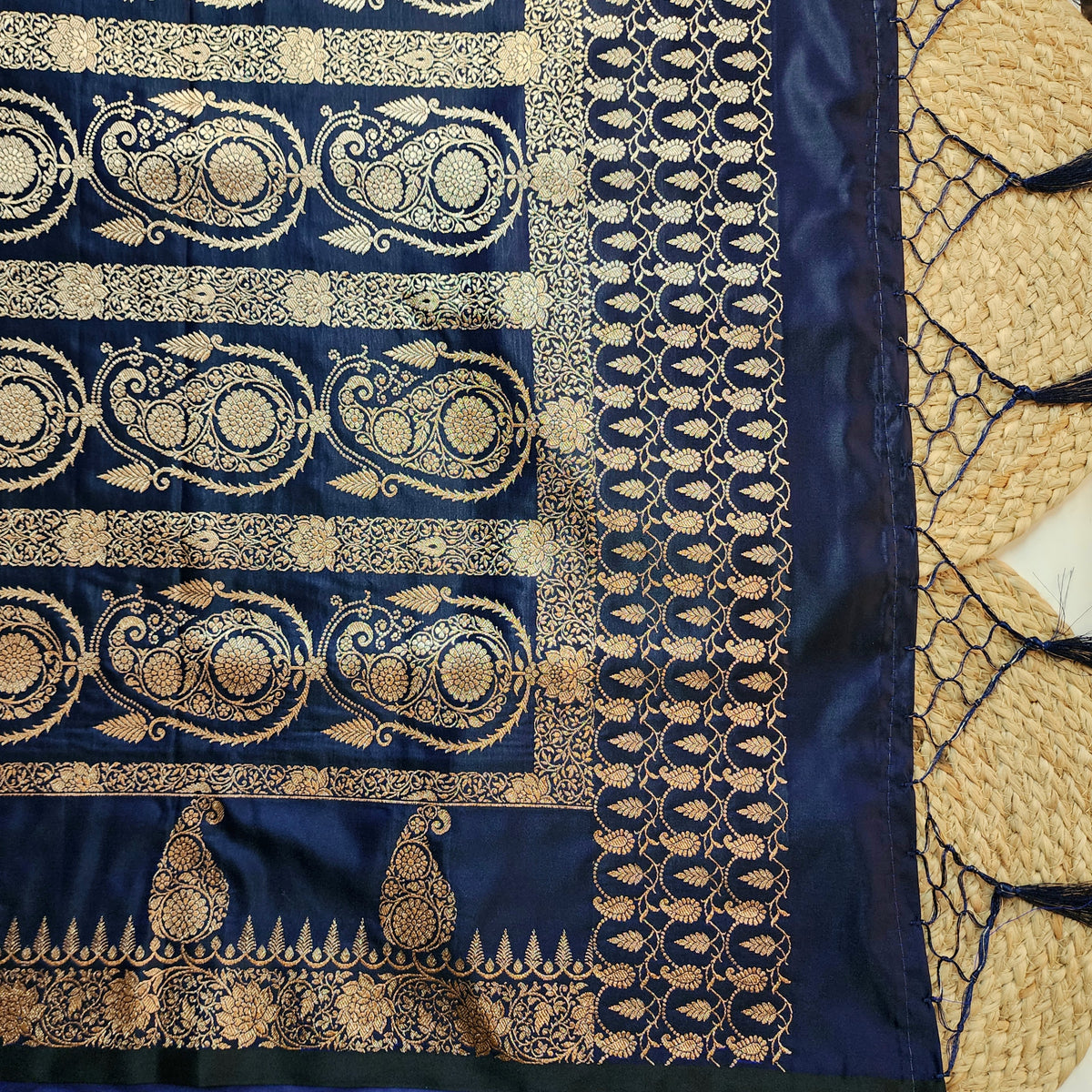 Navy Blue Paisley Katan Silk Saree with Gold Zari