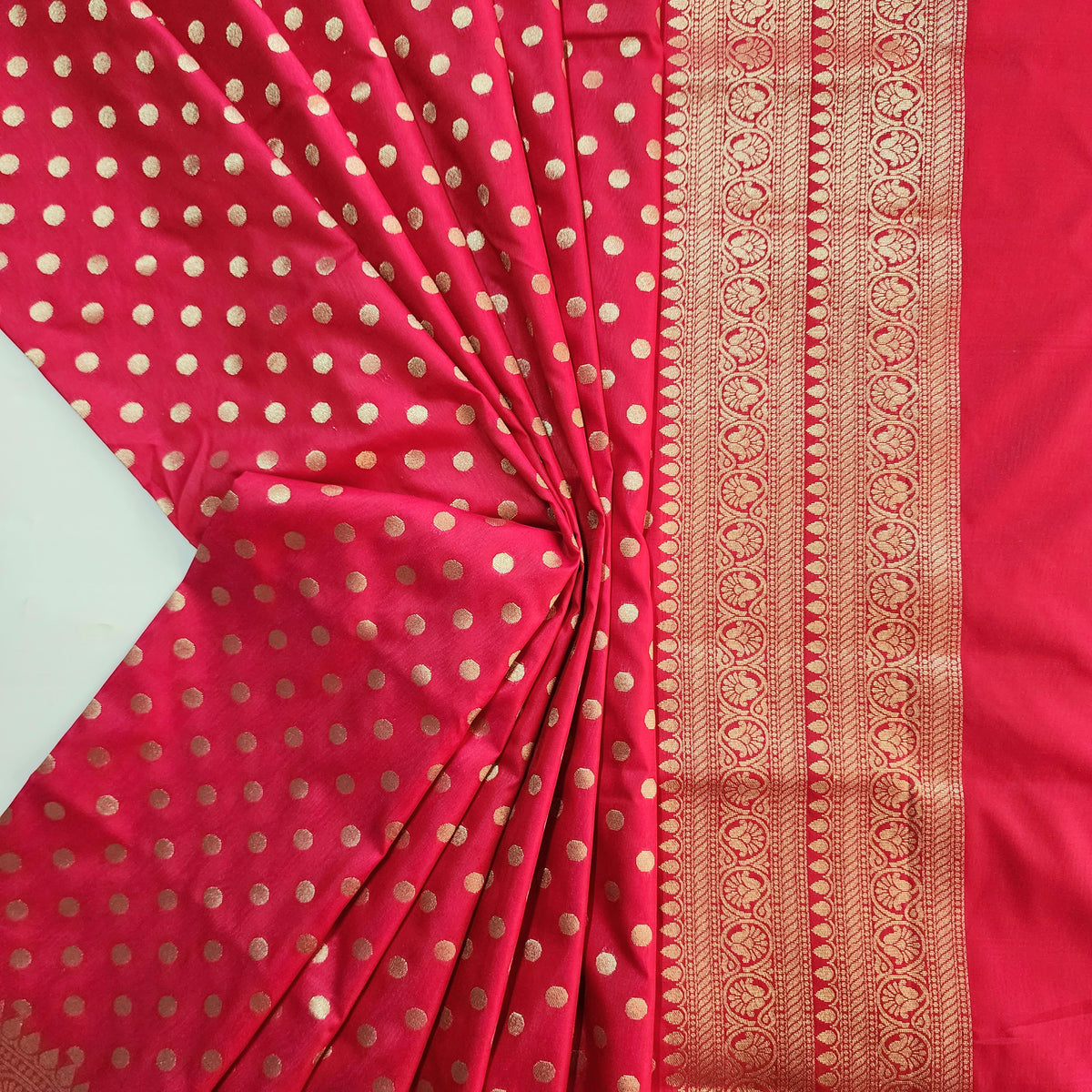Fuchsia Banarasi Silk Dupatta with Gold Polka Dot