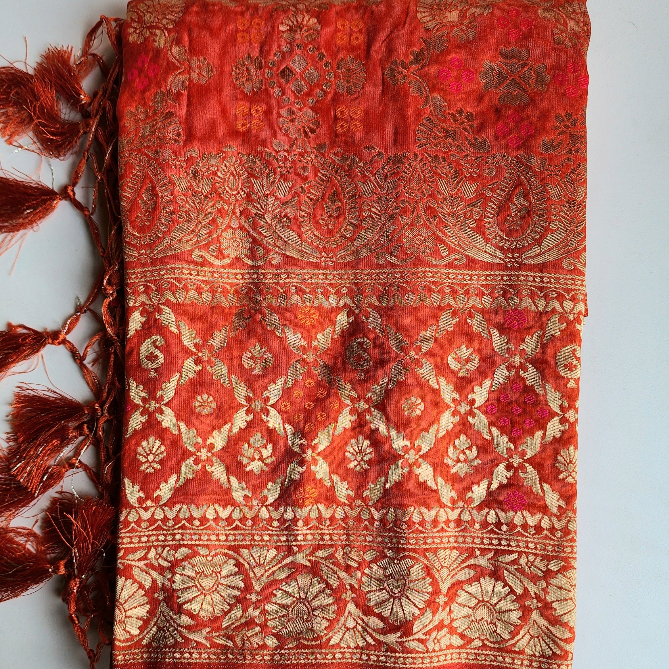 Burnt Orange Bandhani Dupatta with Floral and Geometric Zari Weave