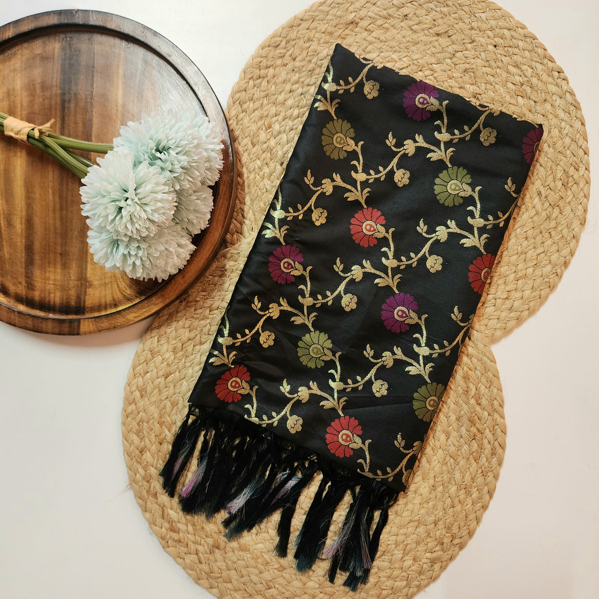 Banarasi Silk Floral Jaal Dupatta - Midnight