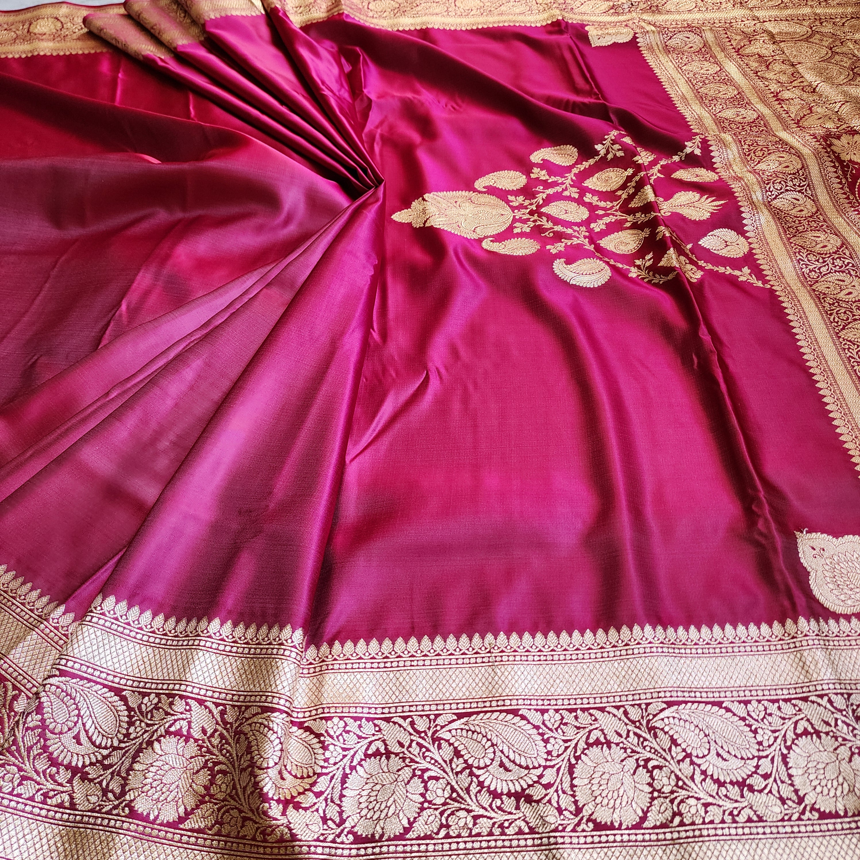 Hot Pink Pure Banarasi Katan Silk Saree with light Gold Zari Weaving