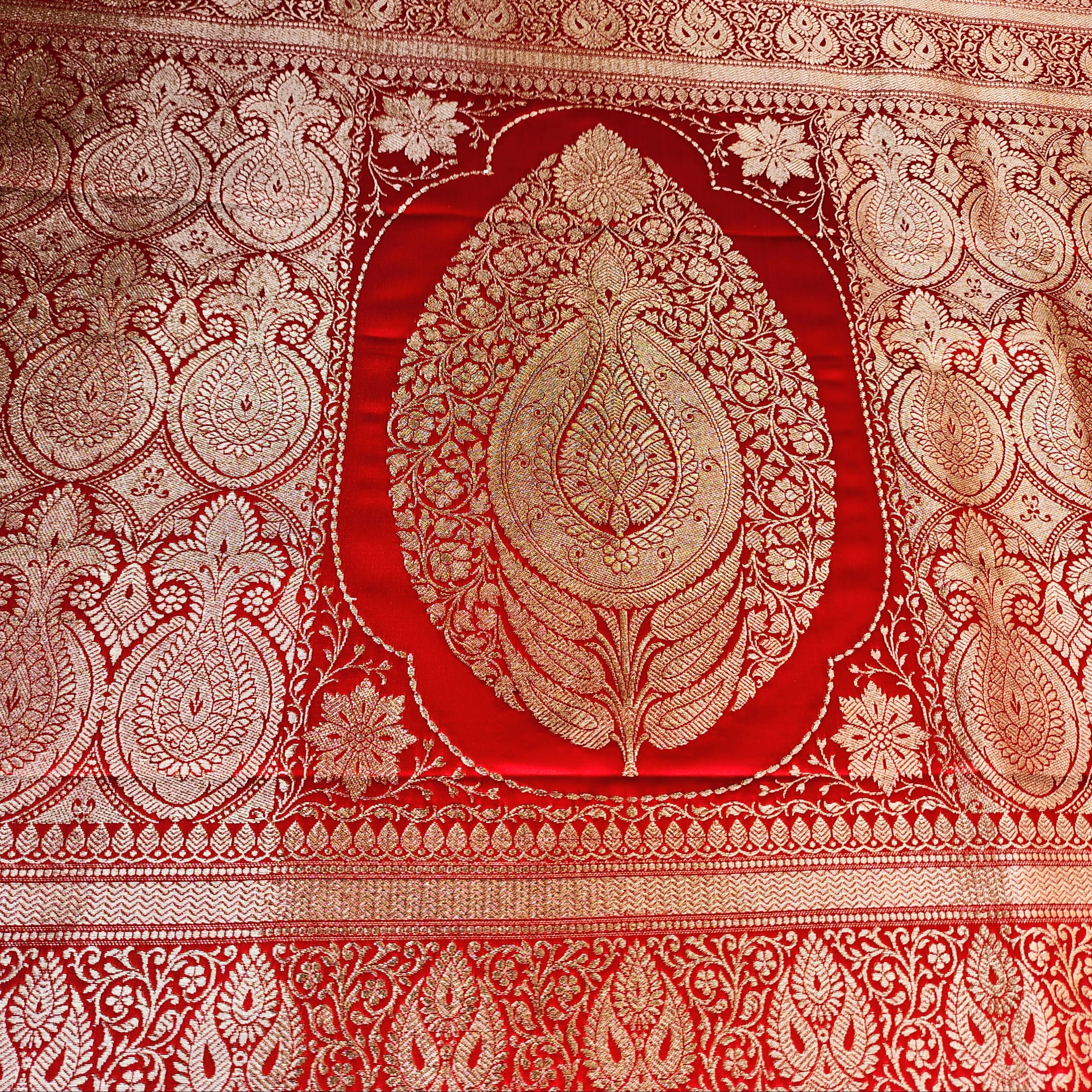 Rich Vermilion Red Pure Banarasi Katan Silk Saree with light Gold Zari Weaving
