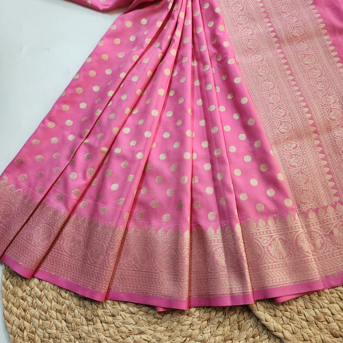 Rani Pink Banarasi Silk Dupatta with Gold Polka Dot
