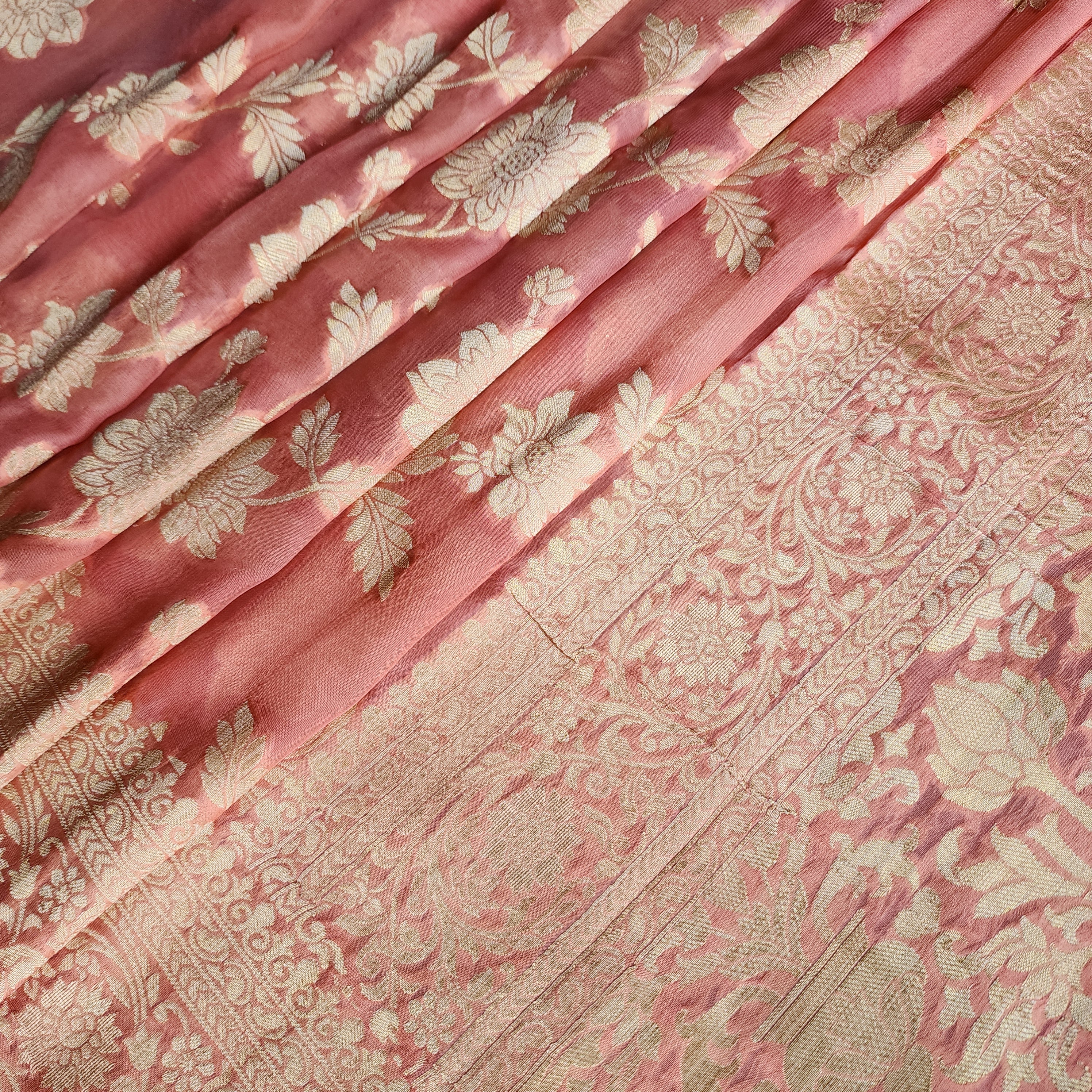 Khaddi Georgette Pure Banarasi Saree in Coral Shade