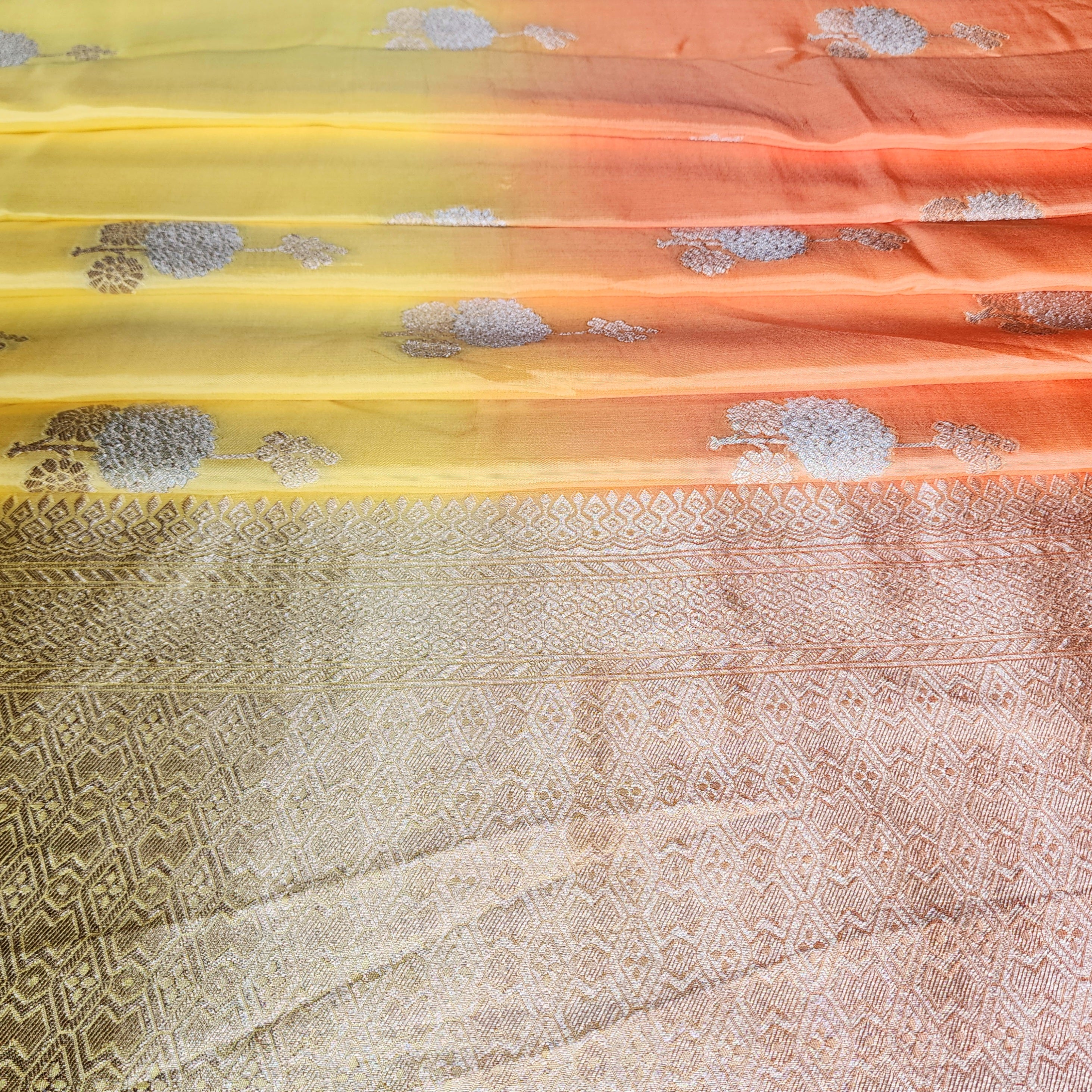Sunrise Yellow Dupion Silk Saree with Orange Hues