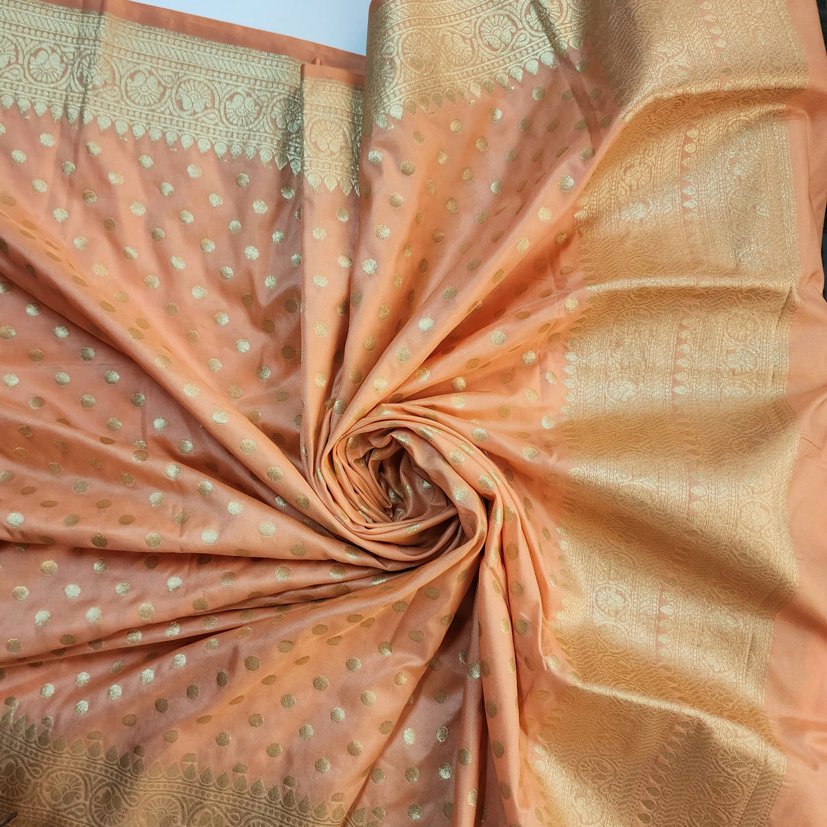 Peach Banarasi Silk Dupatta with Gold Polka Dot