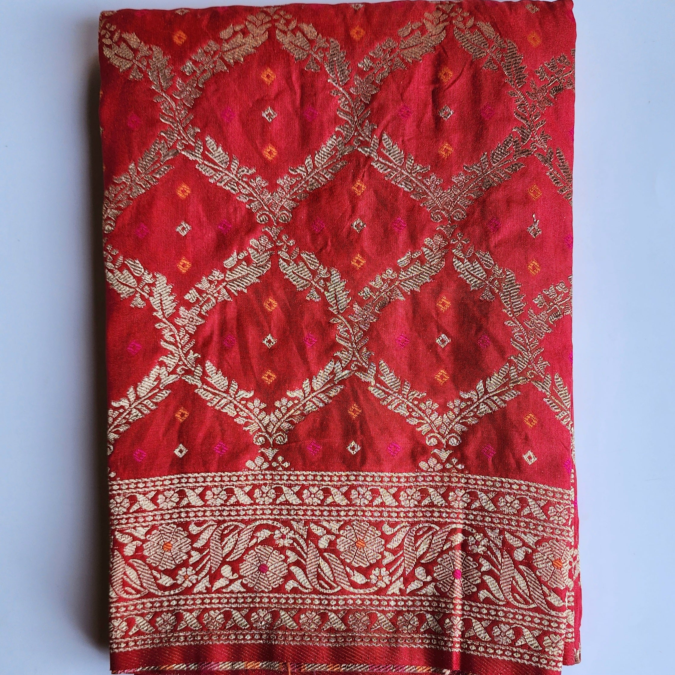 Crimson Red Bandhani Dupatta with Traditional Jaal