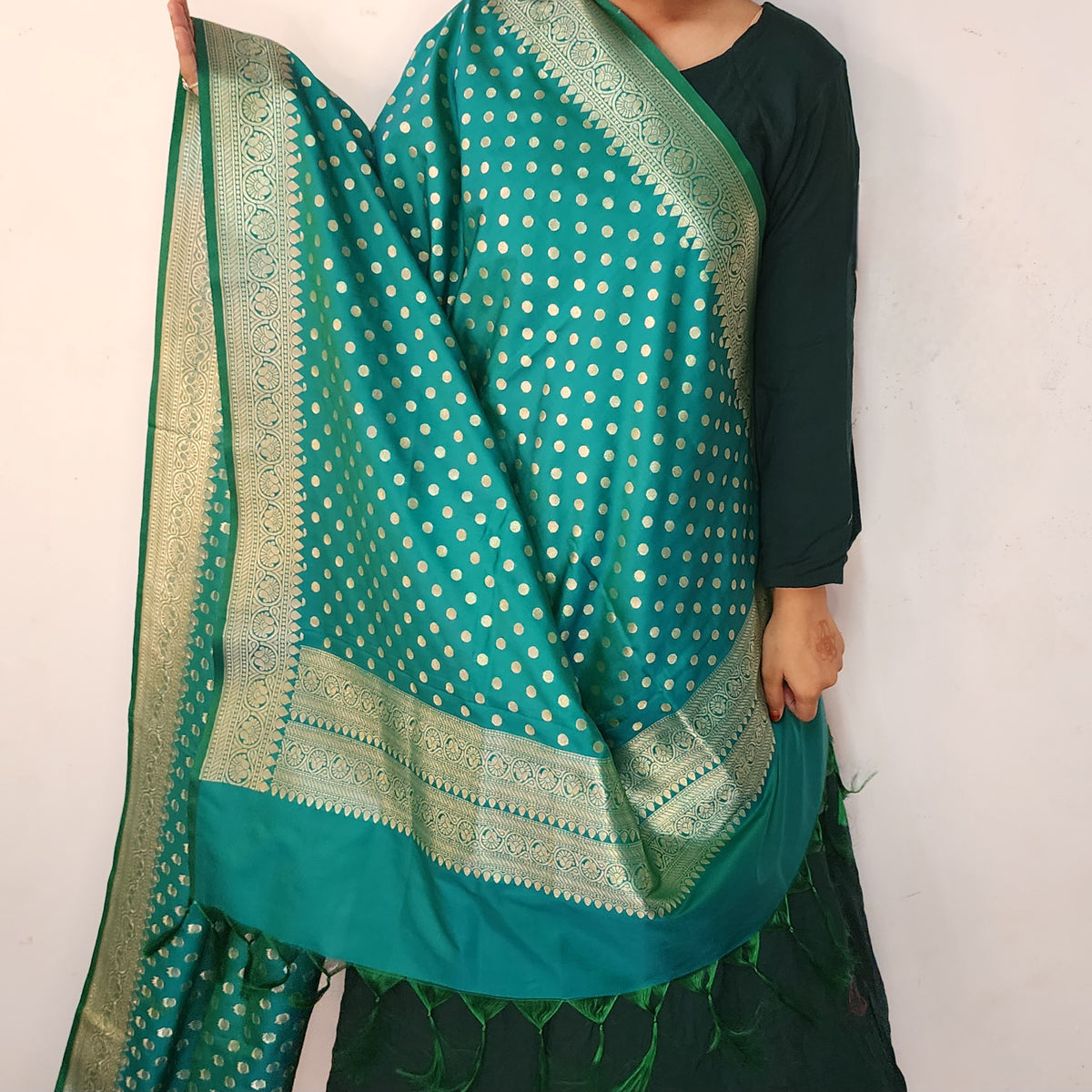Teal Green Banarasi Silk Dupatta with Gold Polka Dot