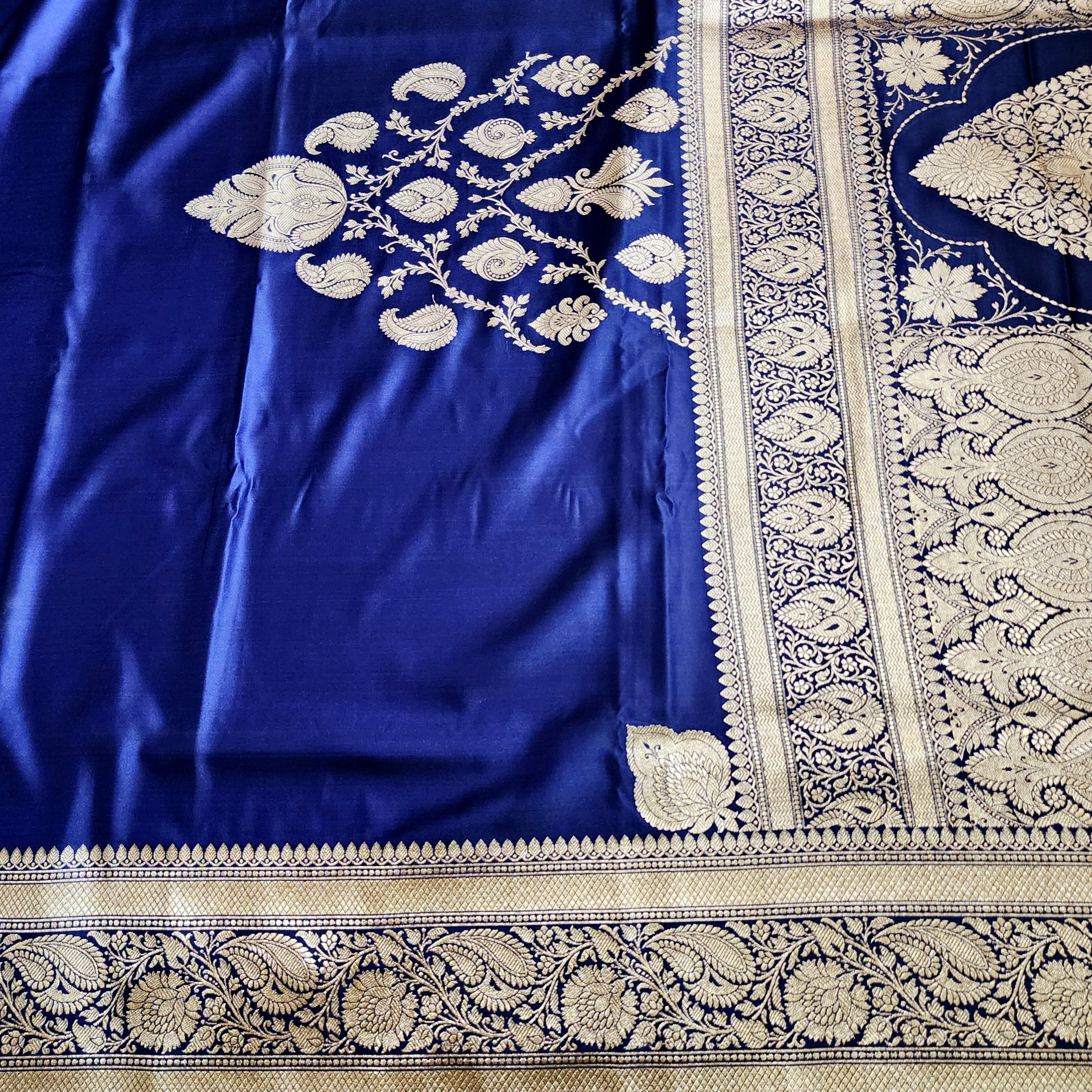 Royal Blue Pure Banarasi Katan Silk Saree with light Gold Zari Weaving