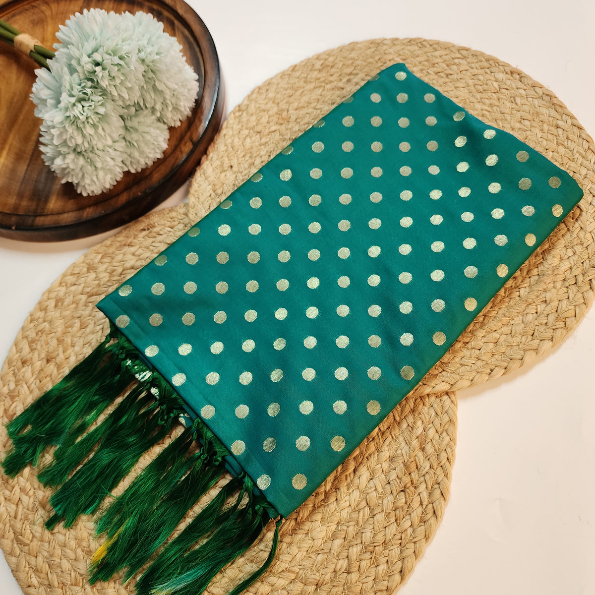 Teal Green Banarasi Silk Dupatta with Gold Polka Dot