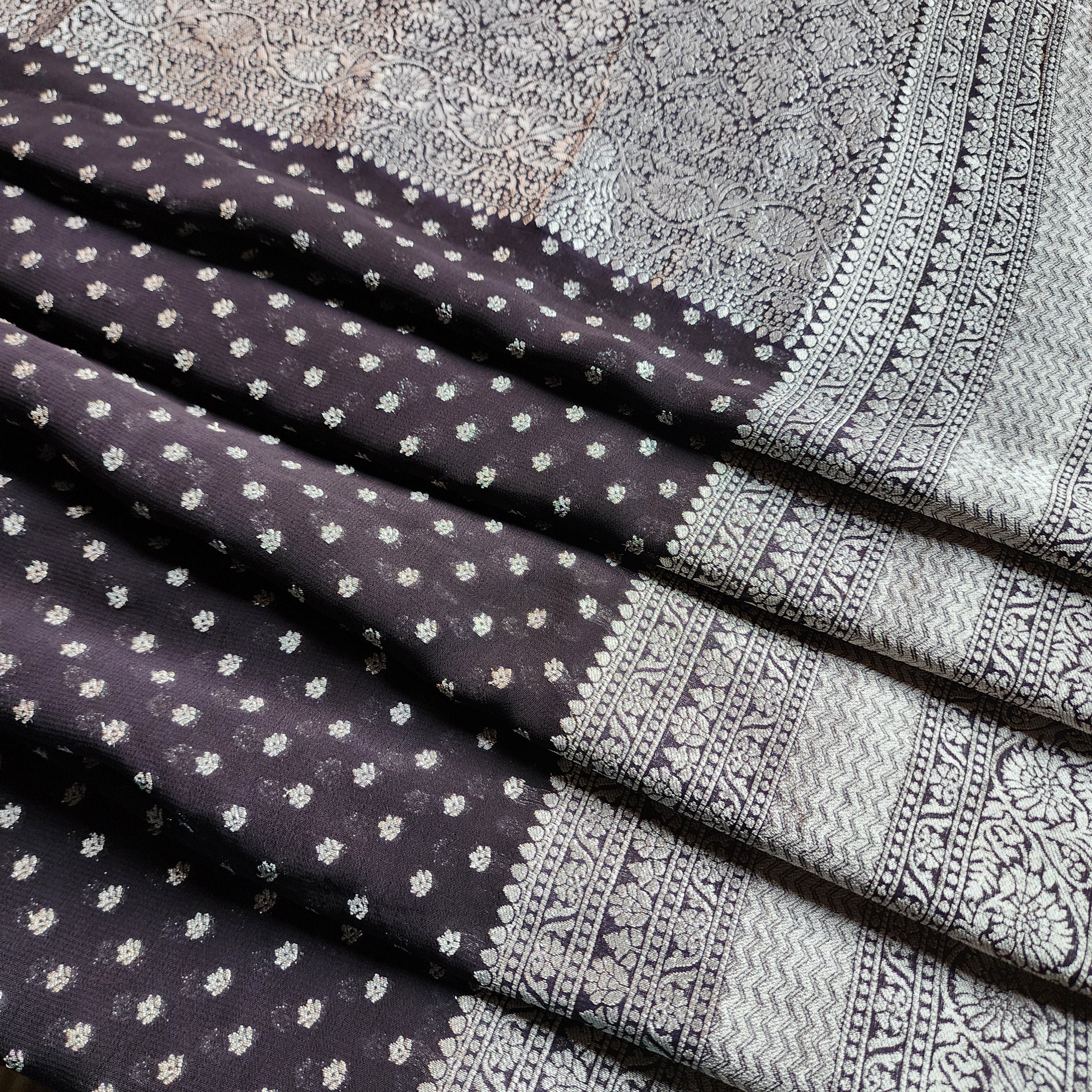 Iconic Black Khaddi Georgette Pure Banarasi Saree with Intricate Silver Zari