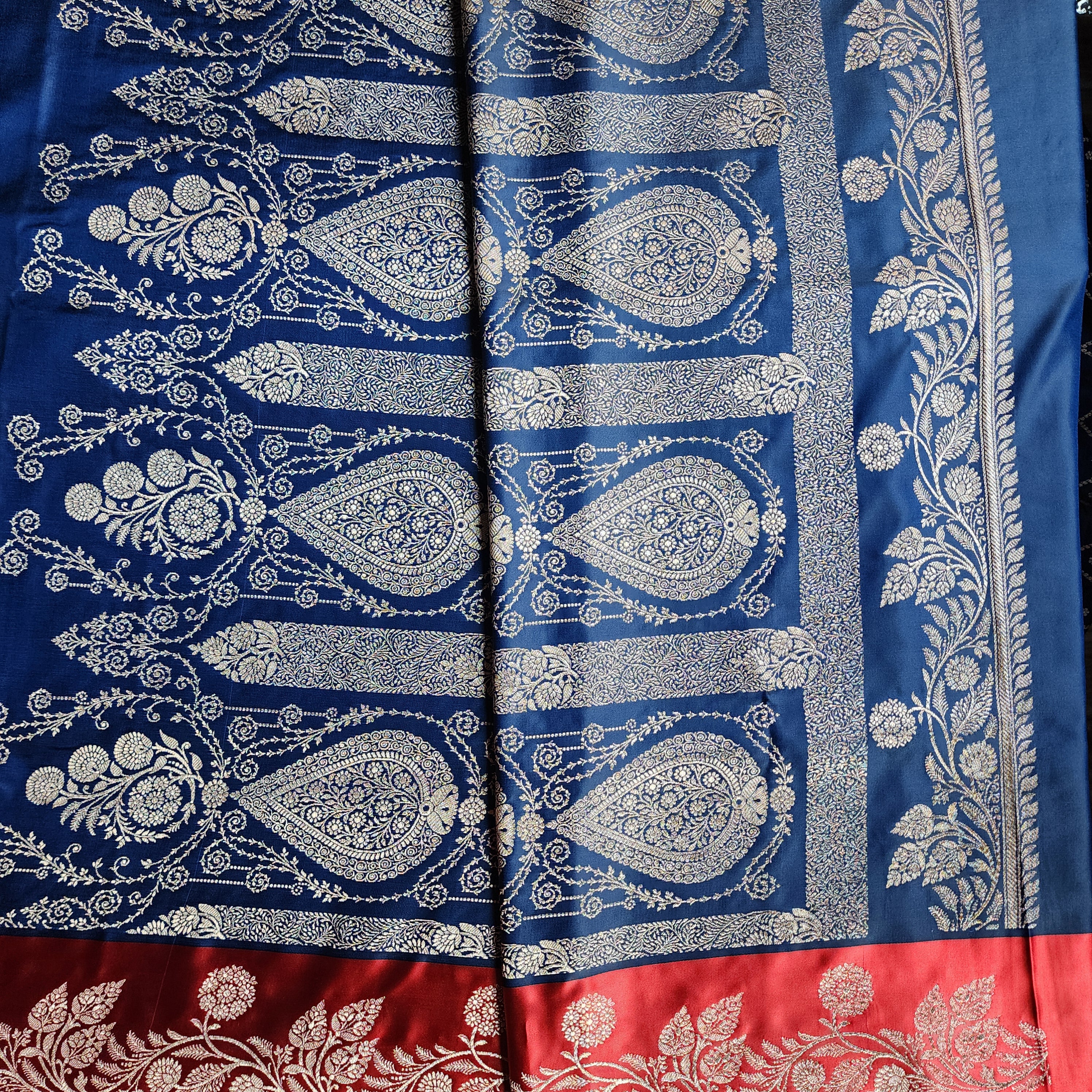 Navy Blue Pure Banarasi Katan Silk Saree with Vermilion Red Border