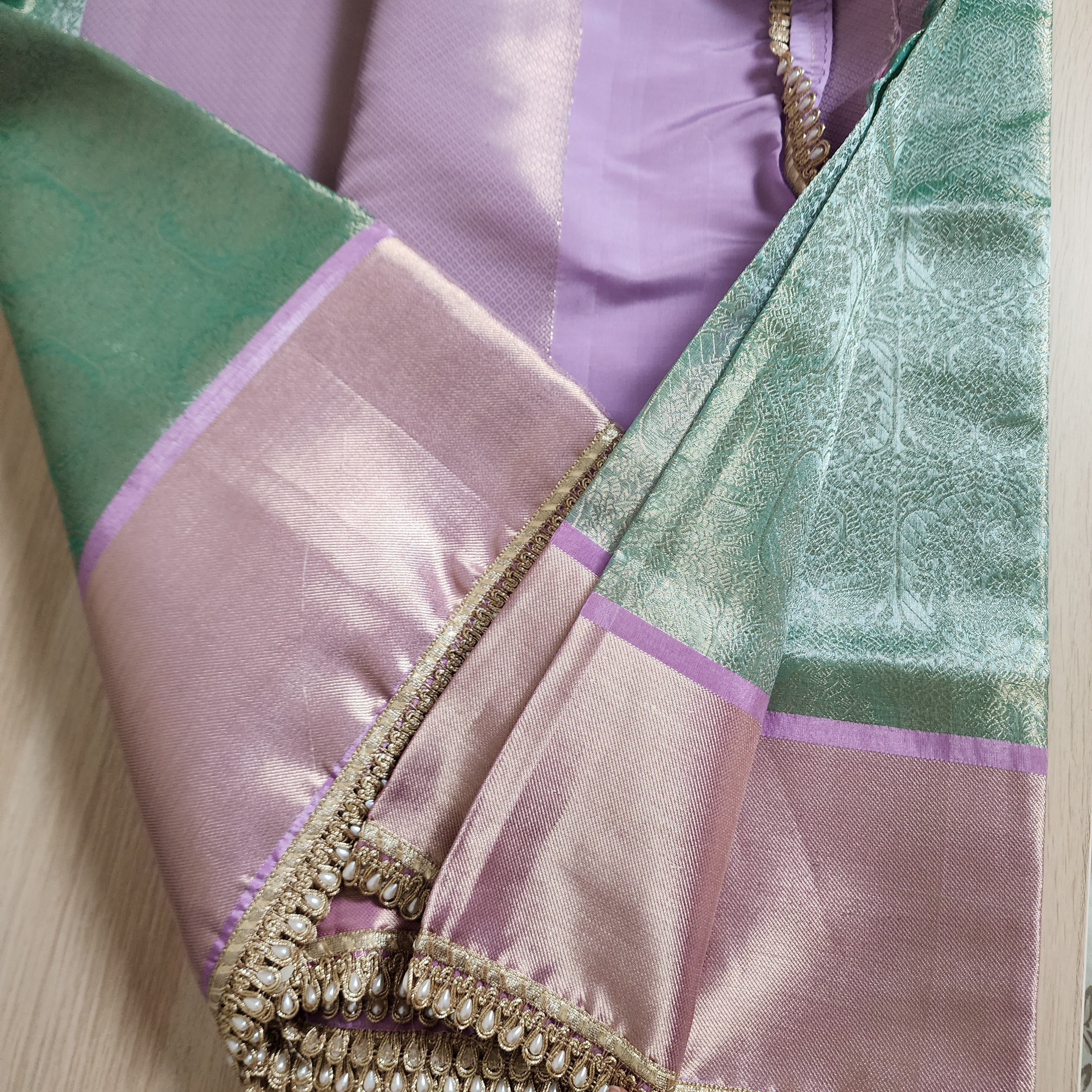 Pastel Sea Green and Pink Brocade Tissue Saree with beaded lace work