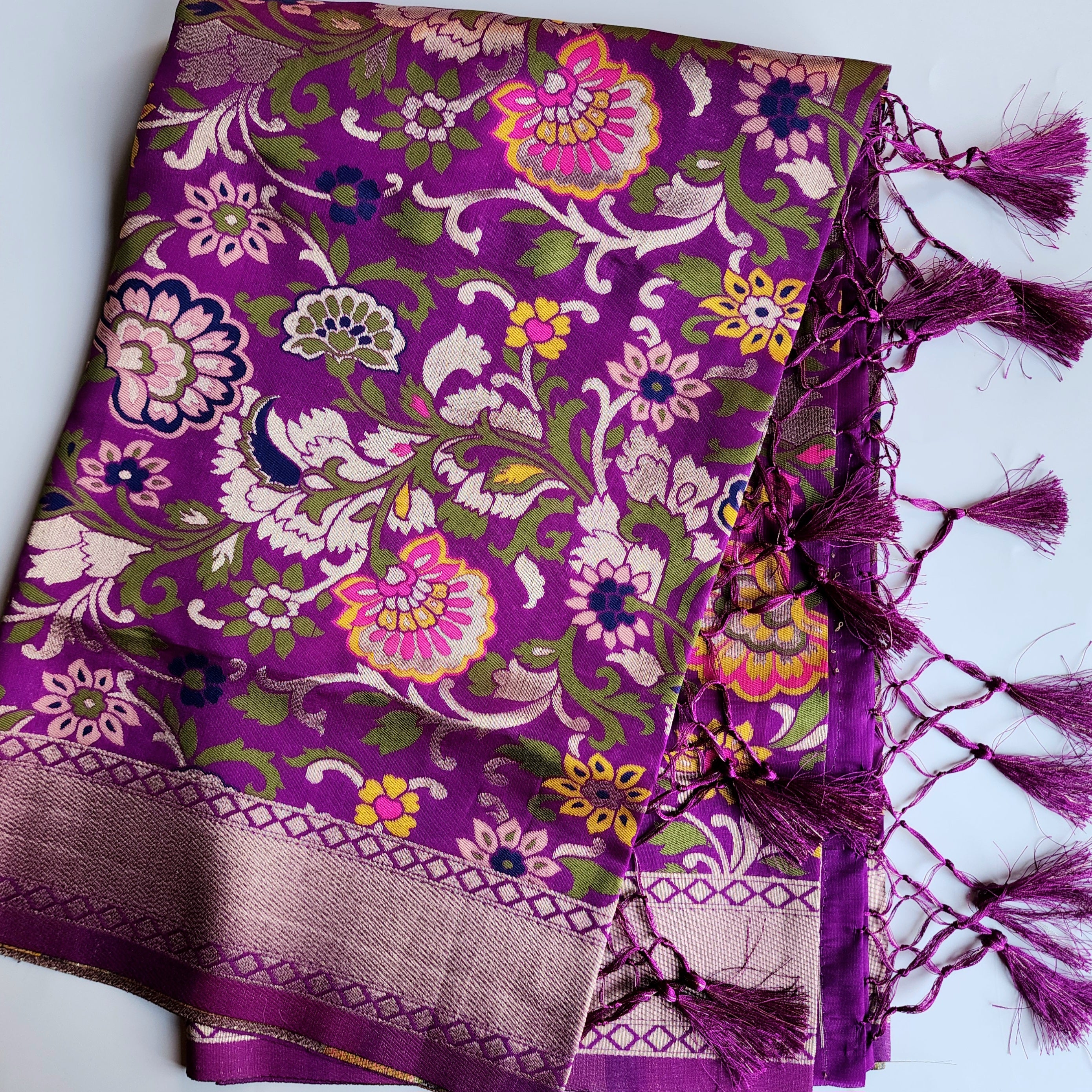 Banarasi Silk Dark Plum Dupatta with Multicolor & Gold Floral Handweaving